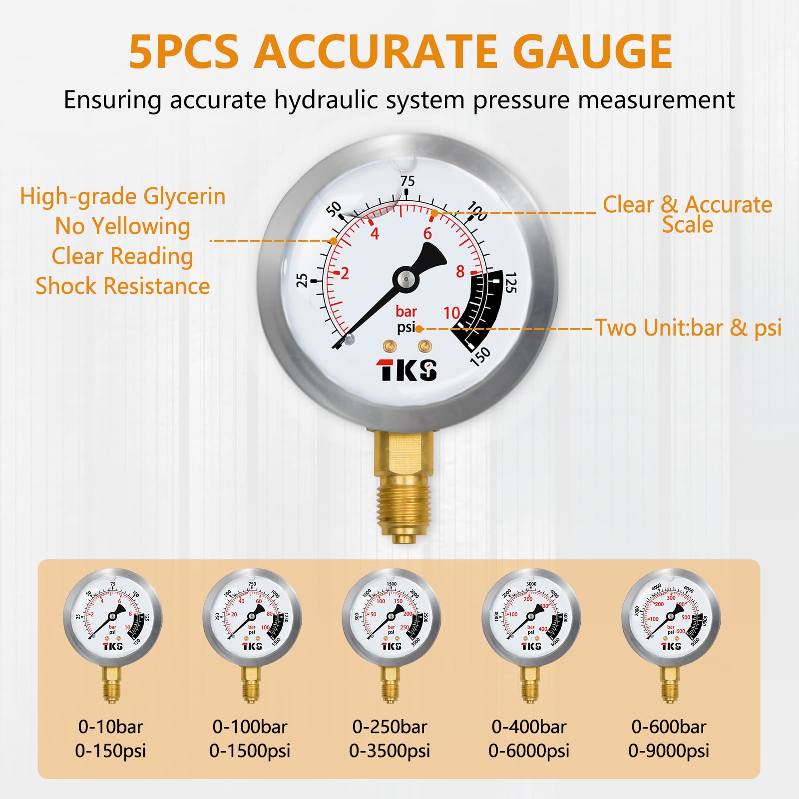 Hydraulic Pressure Test Kit，600bar /8700psi / 60mpa 5 Gauges 13 Test Couplings 14 Tee Connectors 5 Test Hoses, Hydraulic Gauge Kit Sturdy Carrying Case for Excavator Construction Machinery Ships Mine