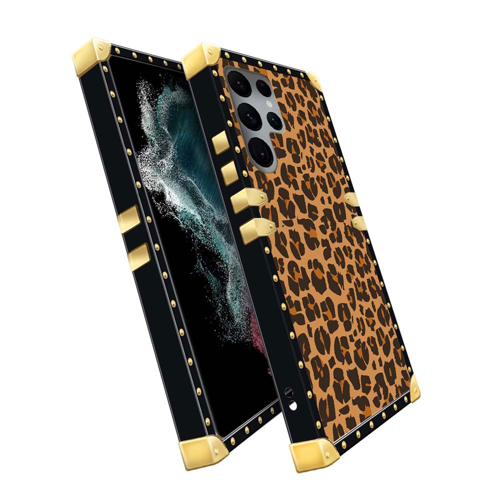 Goodsprout Compatible with Samsung Galaxy S22 Ultra,Brown Leopard Texture Pattern Golden Edge Protection Square Soft TPU Shockproof Protective Hard PC Back Samsung Galaxy S22 Ultra