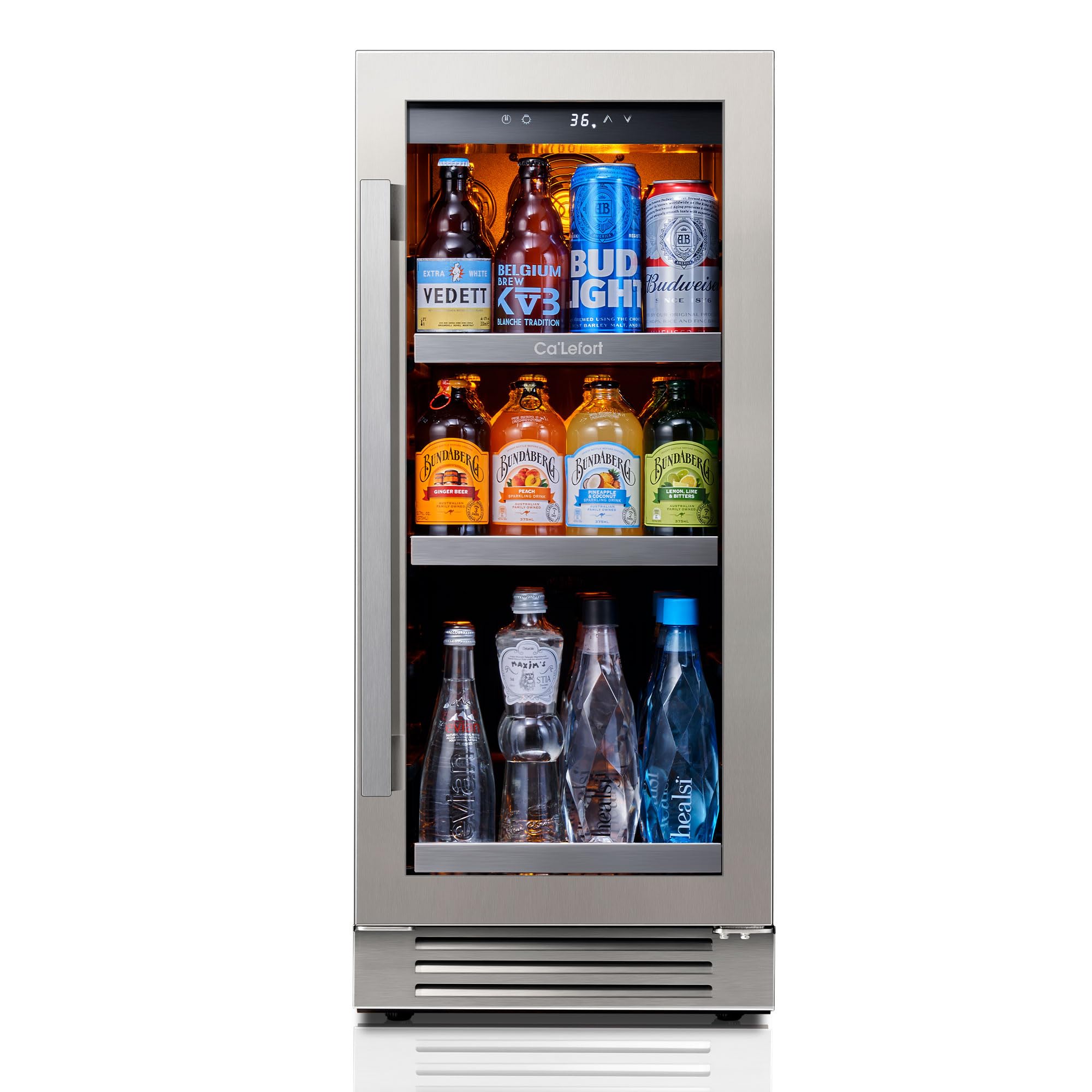 Ca'Lefort 15 Inch Beverage Refrigerator - 80 Can Small Beverage Fridge, Drink Fridge Glass Door 3 LED 34°F -54°F Beverage Cooler Built-in or Freestanding, Perfect for Home/Kitchen(3.0 cu.ft)