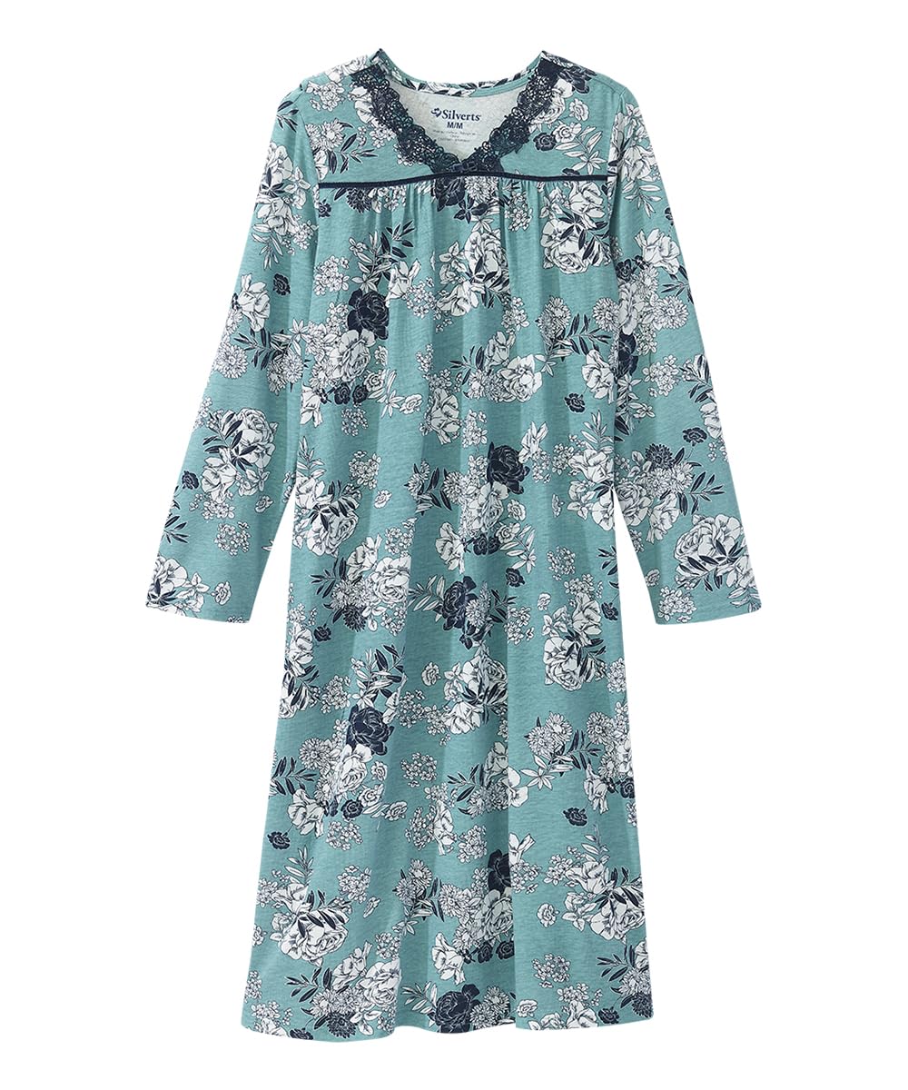 Silvert's Adaptive Clothing & Footwear Women's Open Back Long Sleeve Nightgown with Lace Trim - Aqua Flower MED
