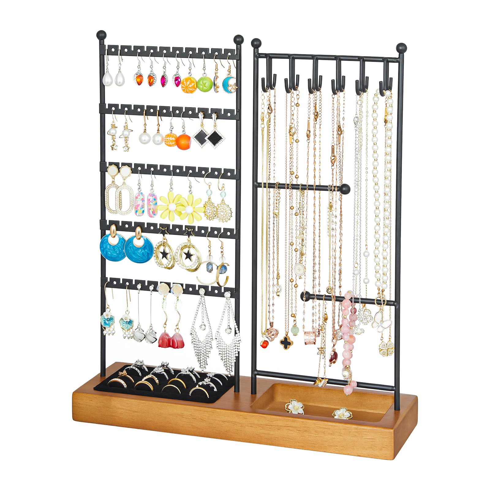 Jewelry Organizer with Earring Holder,Necklace Holder with Ring Tray, Jewelry Stand Tree Holder Organizer For Earring Ring Necklace Bracelet Display and Storage,12 Hooks,100 Earring Holes,16 Ring Slot