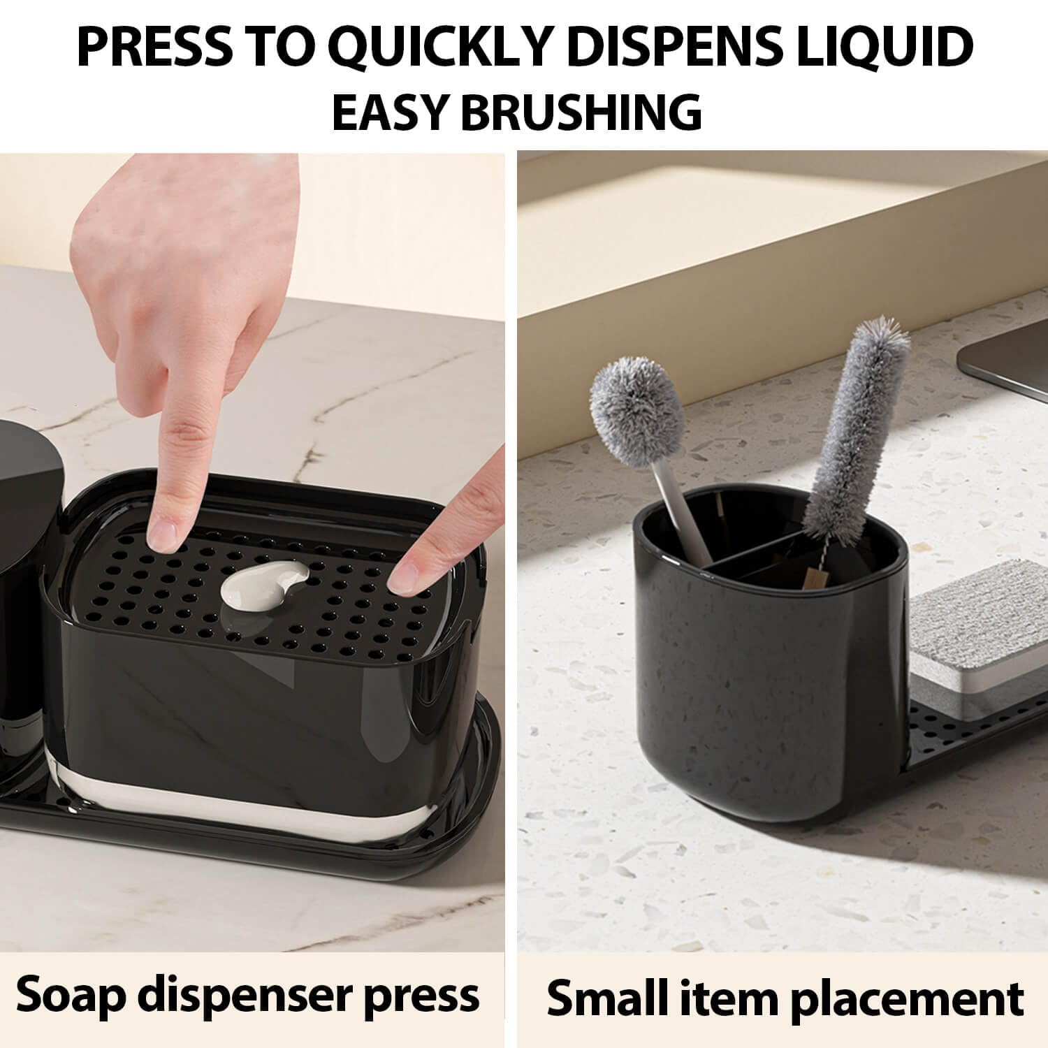 Kitchen Soap Dispenser Set with Tray and Sponge Holder, Dish and Hand Soap Dispenser with Dishcloth Holder 3-in-1 Kitchen Sink Countertop Storage Organizer,Includes Dish Towel and Sponge(Black)