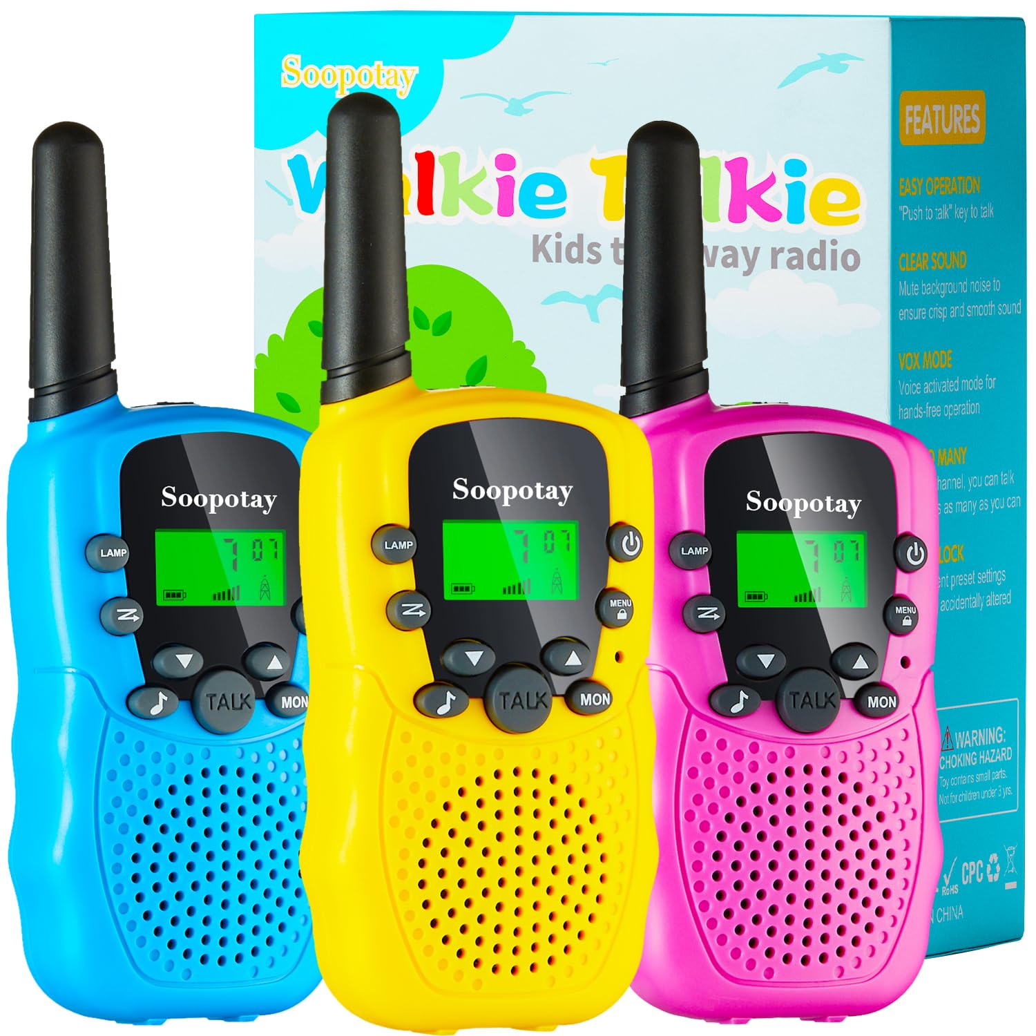 Walkie Talkie for Kids 3 Pack, Kids Walkie Talkies for Girls and Boys, Long Range Walkie Talkie Toys with Flashlight & 22 Channels. Boys Girls Toys/Gifts for Kids Age 3-12(Blue Pink Yellow, 3Pack)