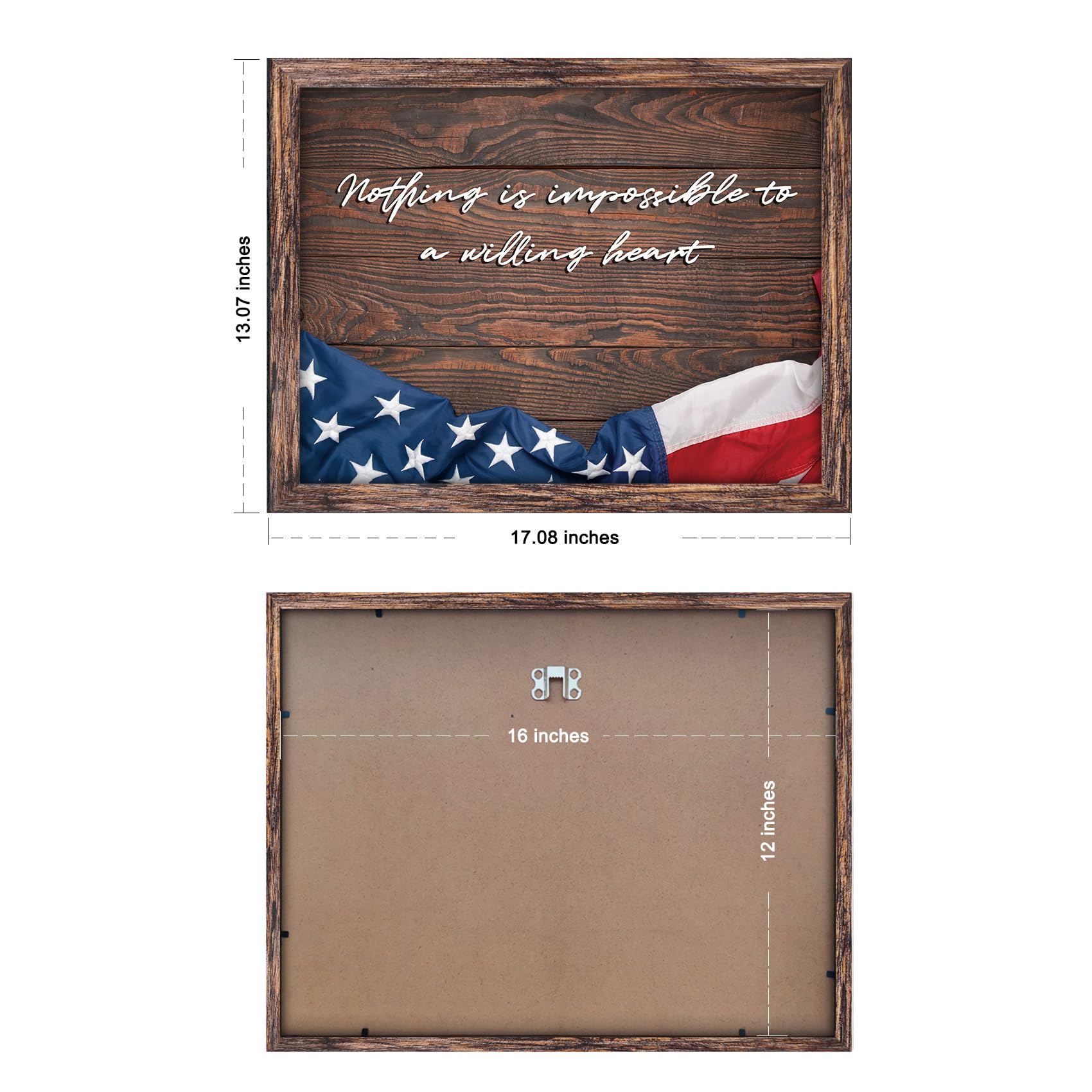 Farmhouse Rustic American National Flag Wall Art Modern Embossing Plate Patriotic Pride Motivational Framed Artwork for Living Room Office Bedroom Wall Decor - 12''x16''