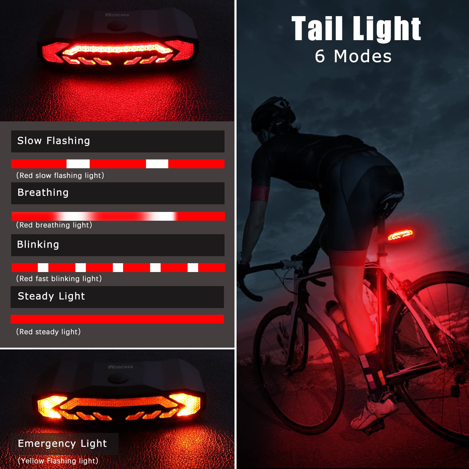 WSDCAM Smart Bike Tail Light with Turn Signals and Rear Brake Light, Bike Alarm Horn with Remote, Auto ON/Off Rechargeable Waterproof