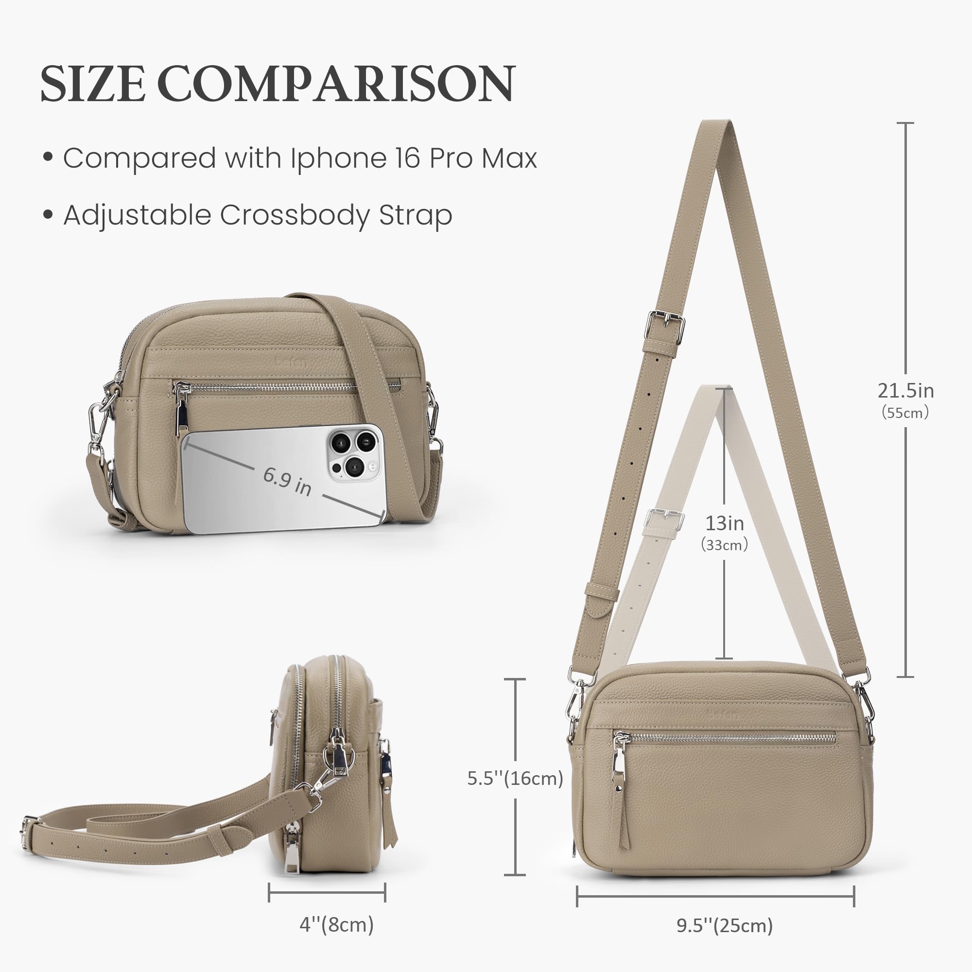 befen Genuine Leather Crossbody Bags for Women Small Camera Purses with Built in RFID Wallet Woman Shoulder Bag Handbags