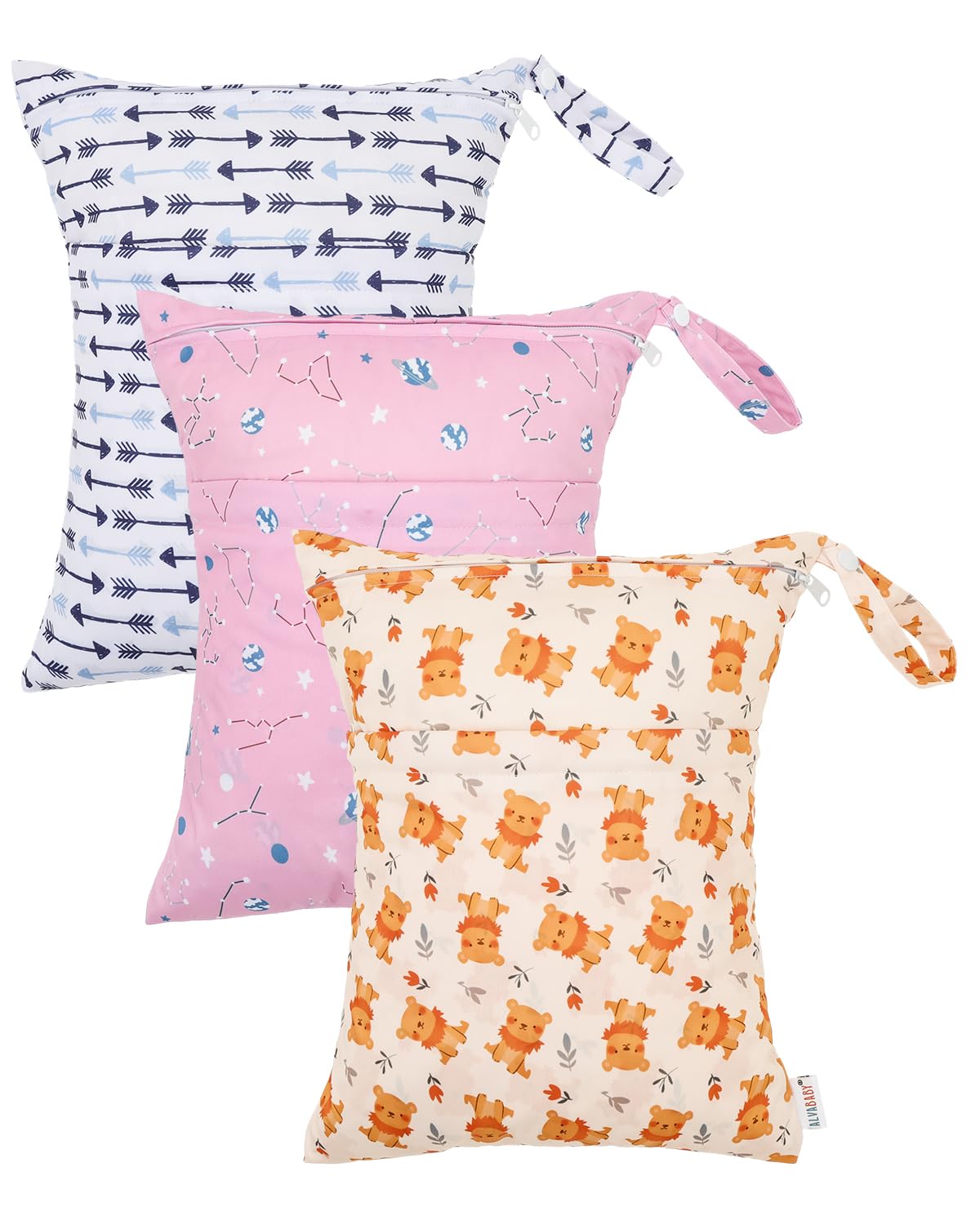 ALVA ALVABABY 3pcs Cloth Diaper Wet Dry Bags Waterproof Reusable with Two Zippered Pockets Travel Beach Pool Daycare Soiled Baby Items Yoga Gym Bag for Swimsuits or Wet Clothes 3L-ZM33