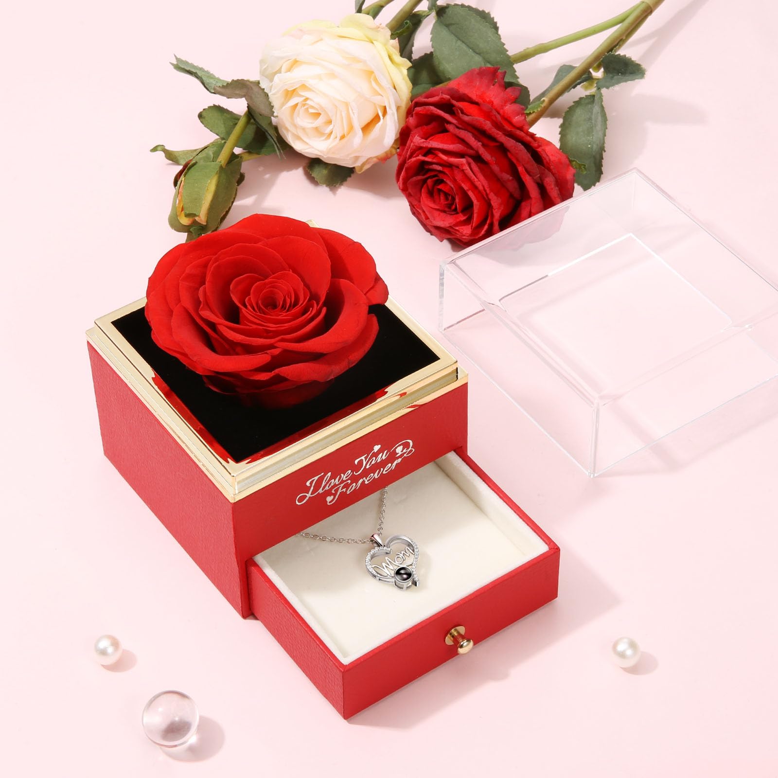 WILDLOVE Mothers Day Gifts for Mom, Preserved Real Red Rose with I Love You Mom Necklace, Forever Flowers Gifts for Mom from Daughter or Son, Kids, Birthday Valentines Day Christmas Mom Gifts Ideas