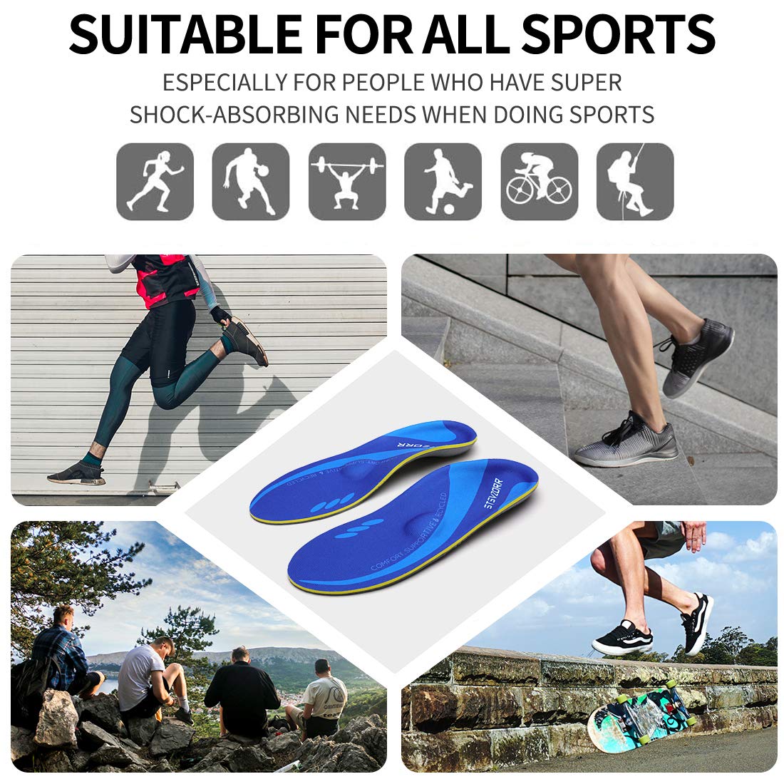 High Arch Support Insoles Plantar Fasciitis Orthotic Shoes Inserts Relieve Flat Feet Heel Pain Athletic Cushioning