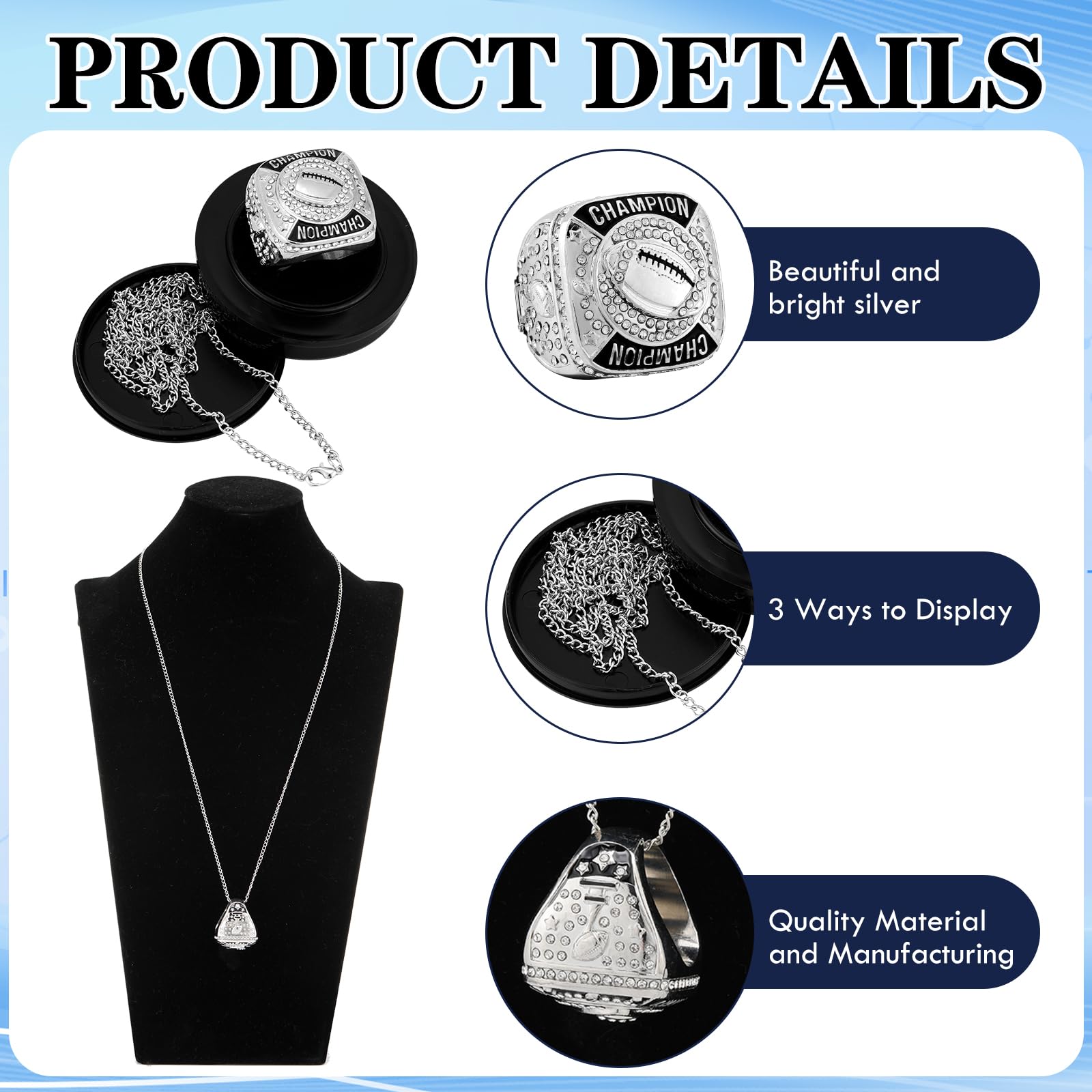Landical 12 Pcs Silver Football Championship Rings Ball Games Championship Trophy Rings Sport Ball Award Gift with Display Neck Chain and Stand for Tournament or League Champion Winner