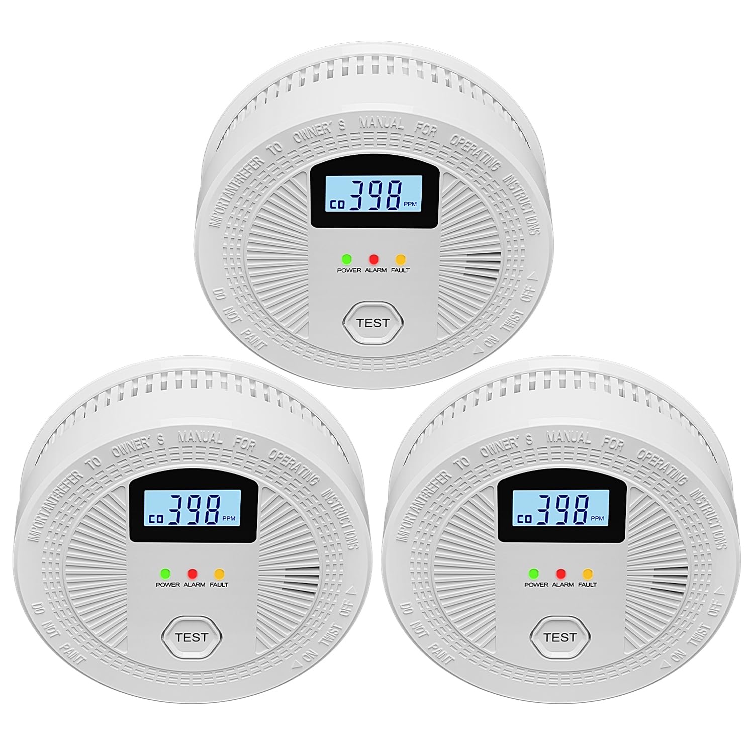 3 Pack Combination Photoelectric Smoke and Carbon Monoxide Alarm Detector with Digital Display; Battery-Operated Smoke Carbon Monoxide Alarm