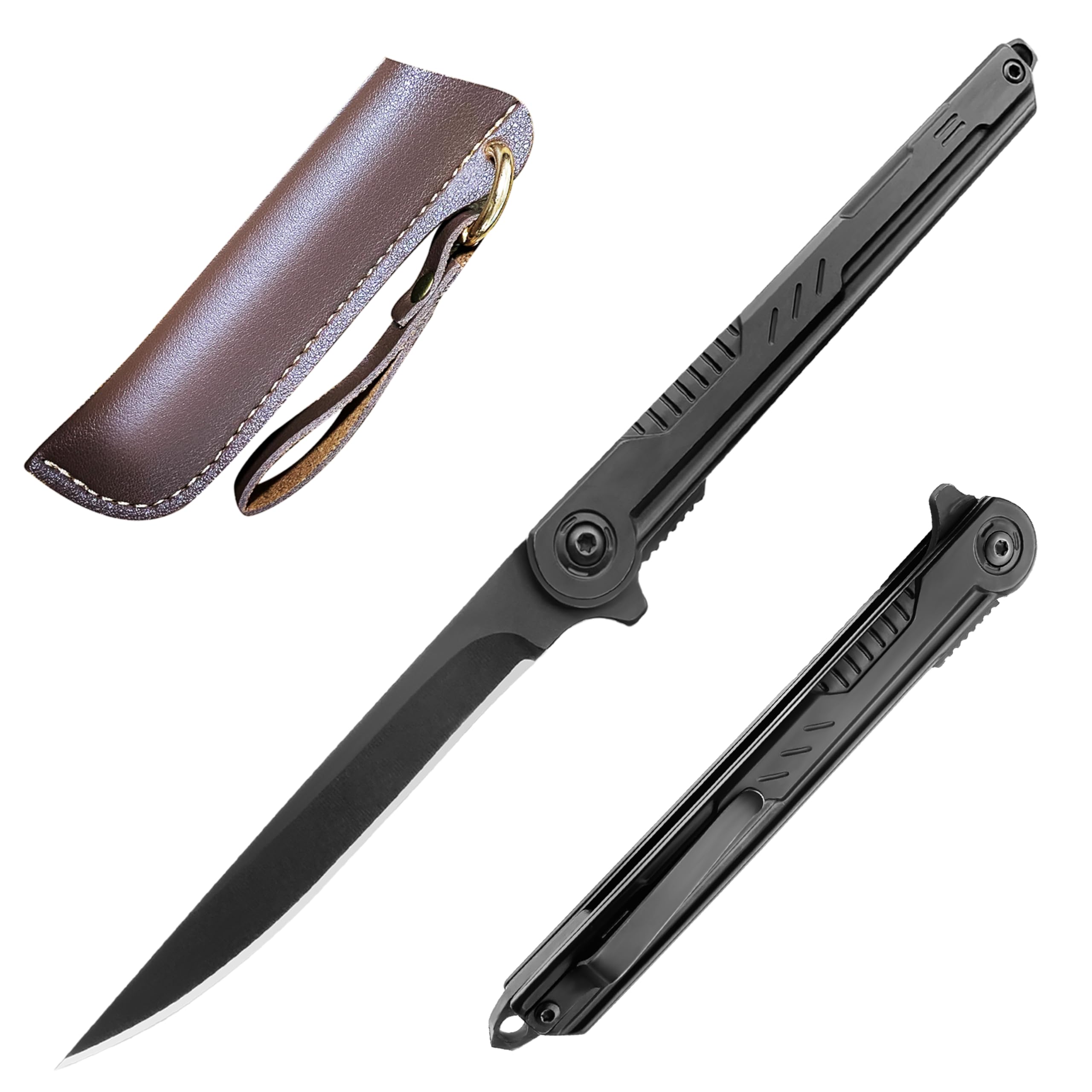 Ogival Folding Knife, 3.5 inch Pocket Knife with Leather Sheath and Pocket Clip,Edc Knife for Men and Women