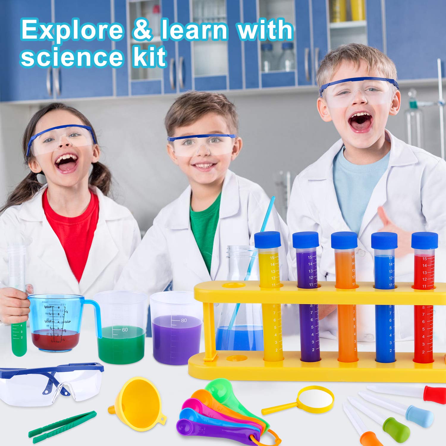 INNOCHEER Kids Science Experiment Kit with Lab Coat Scientist Costume Dress Up and Role Play Toys Gift for Boys Girls Kids Age 6+ Christmas Birthday Party
