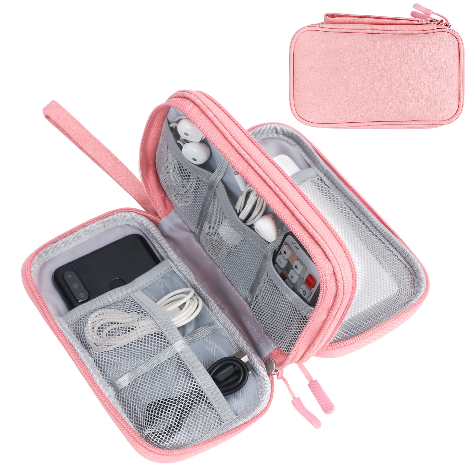 FYY Electronic Organizer, Electronic Accessories Carry Case Portable Waterproof Pouch Double Layers Storage Bag for Travel Cable, Cord, Charger, Phone, Earphone, Medium Size, Pink