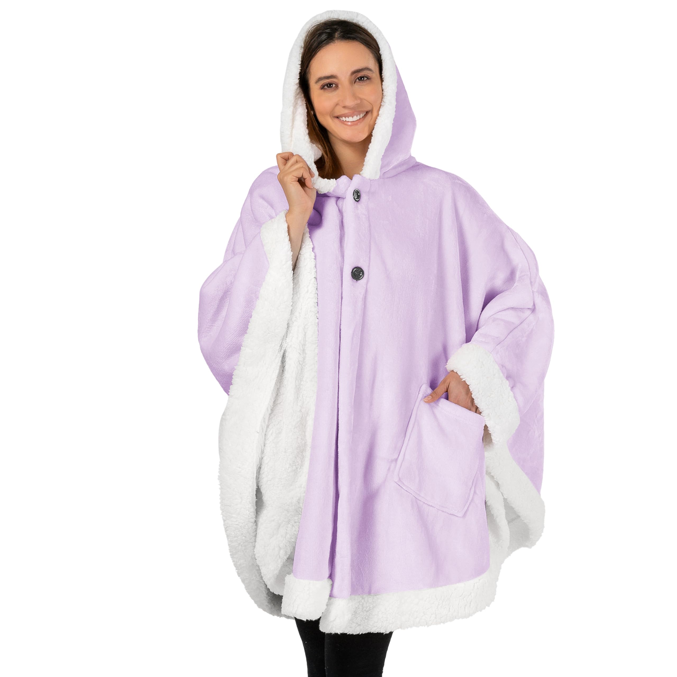 PAVILIA Sherpa Fleece Wearable Blanket for Adult Women, Cozy Plush Blanket Poncho Cape with Hood, Super Soft Shawl, Angel Wrap Throw for Office, Lavender Purple