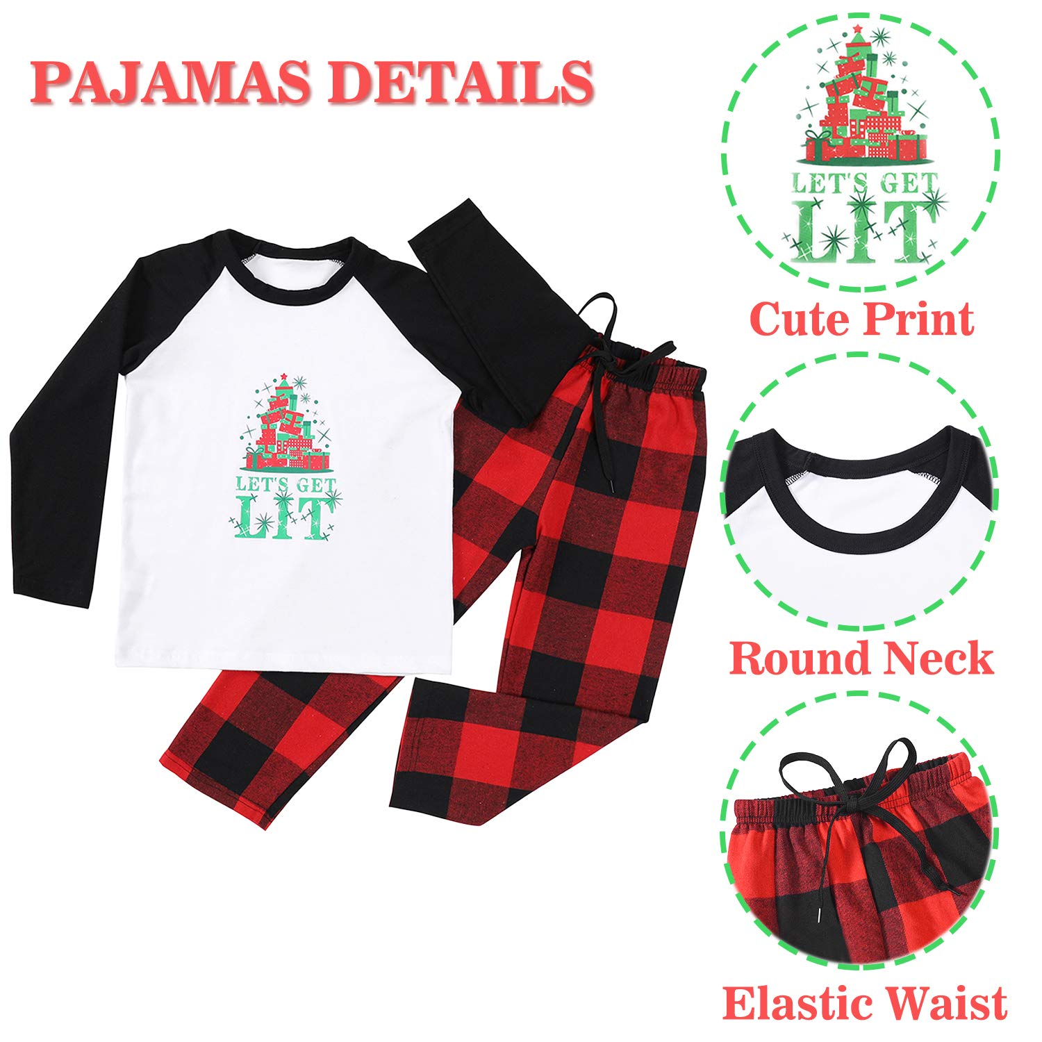 Matching Christmas Pajamas Set for Family , Let's Get Lit Printed Pjs for Women Men, Holiday Cute Funny Letter Print Top and Plaid Pants Xmas Sleepwear Set for Couples (Youth, 4-5T, White LIT)