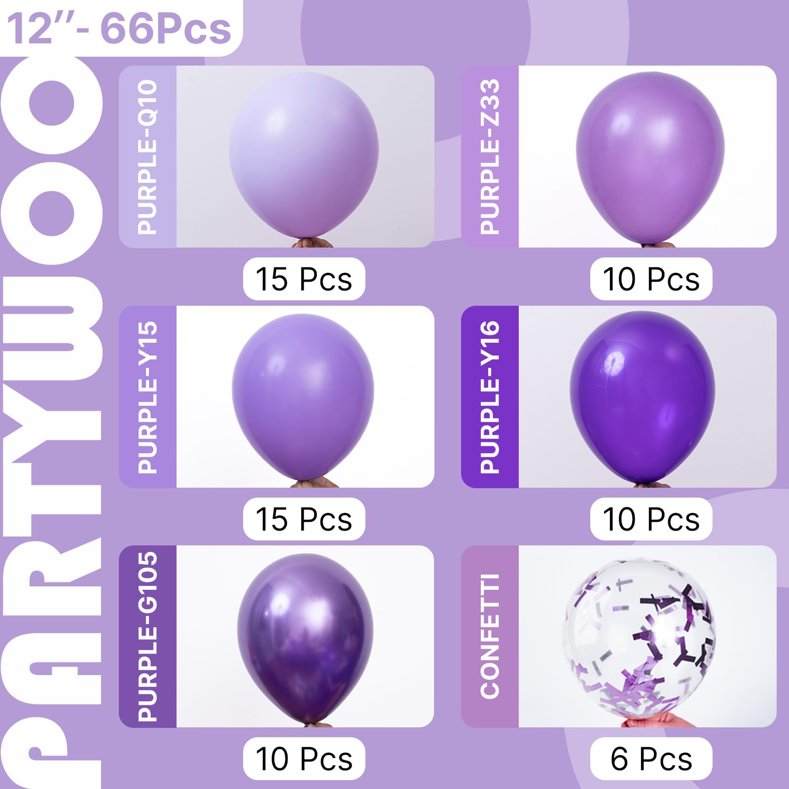 PartyWoo Purple Balloons 66pcs 12 Inch Light Pastel Dark Metallic Purple Lilac Lavender Confetti Balloons for Graduation Baby Shower Birthday Wedding Anniversary Butterfly Princess Party Decorations
