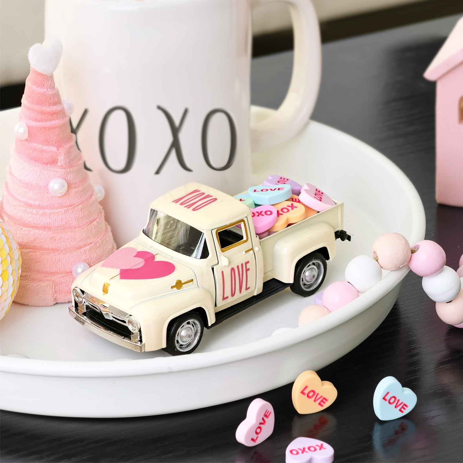 Bunny Chorus Valentines/St. Patrick’s/Easter Decor, Rustic Metal Farm Truck with Valentine Candy Heart St Patricks Day Shamrock Easter Egg, Valentines Day Decor for Home Table Valentines Decor Gifts