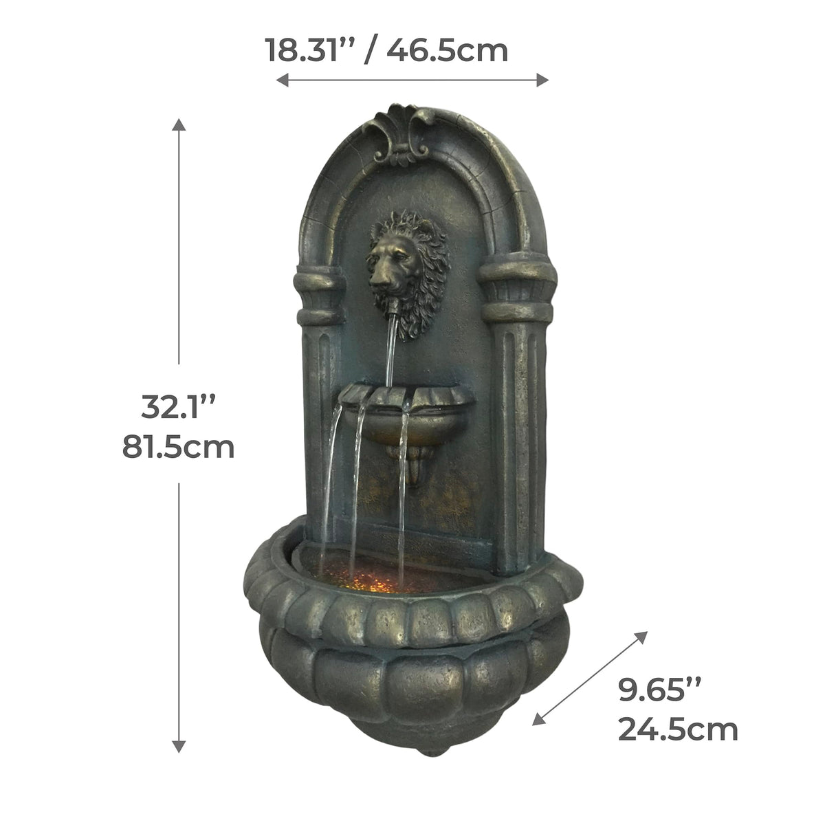 Teamson Home 32.1 in. Wall-Mounted Lion Head Stone LED Outdoor Water Fountain for Gardens, Landscaping, Patios, Balconies, Lawns to Create a Calming Oasis in Outdoor Living Spaces, Antique Bronze