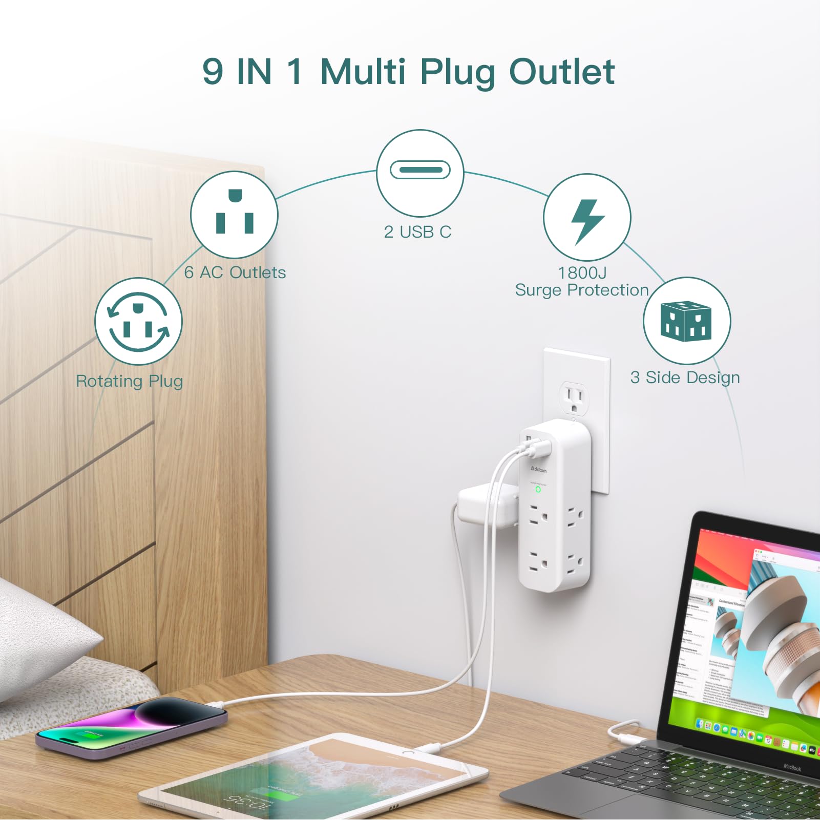 Surge Protector Wall Outlet Extender, Multi Plug Outlet with Rotating Plug, 6 AC Outlets 3 USB Ports (2 USB C), 1800J, 3-Side Power Strip Wall Mount, Outlet Splitter for College Dorm Travel Essentials