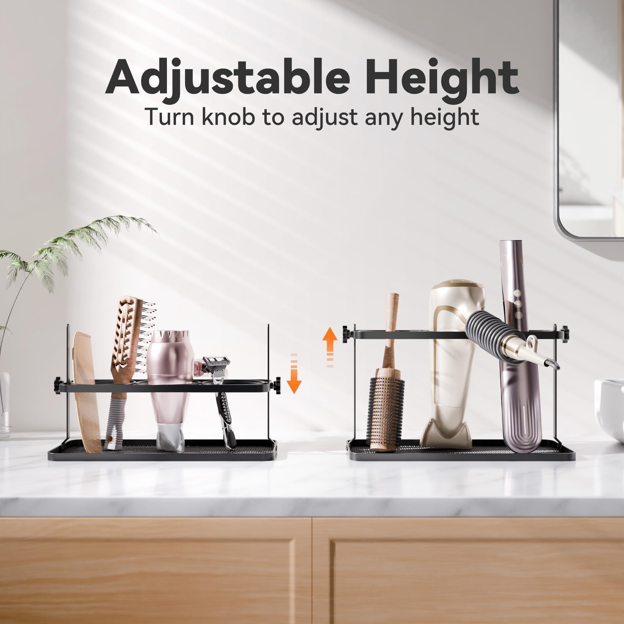 Josmimic Adjustable Height Hair Tool Organizer Holder - Adhesive Wall Mounted for Blow Dryer, Curling Iron, Straightener - Multi-Position Bathroom Storage (Black)