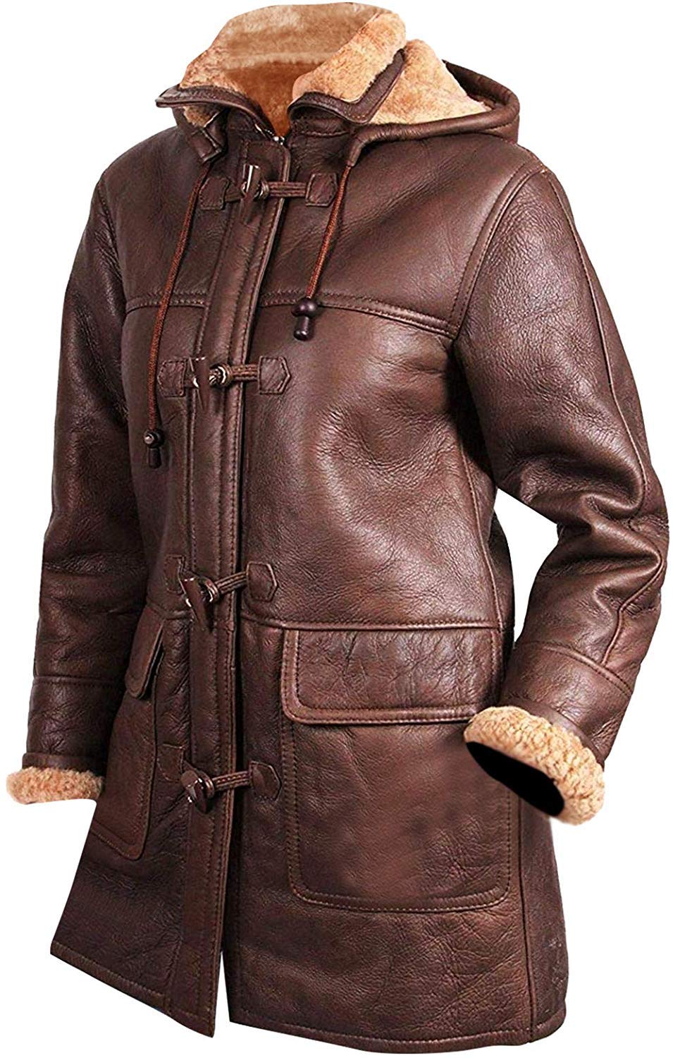 SKY-SELLER Shearling Aviator Jacket Women - Brown Leather Jacket - Mid Length Winter Coats for Women