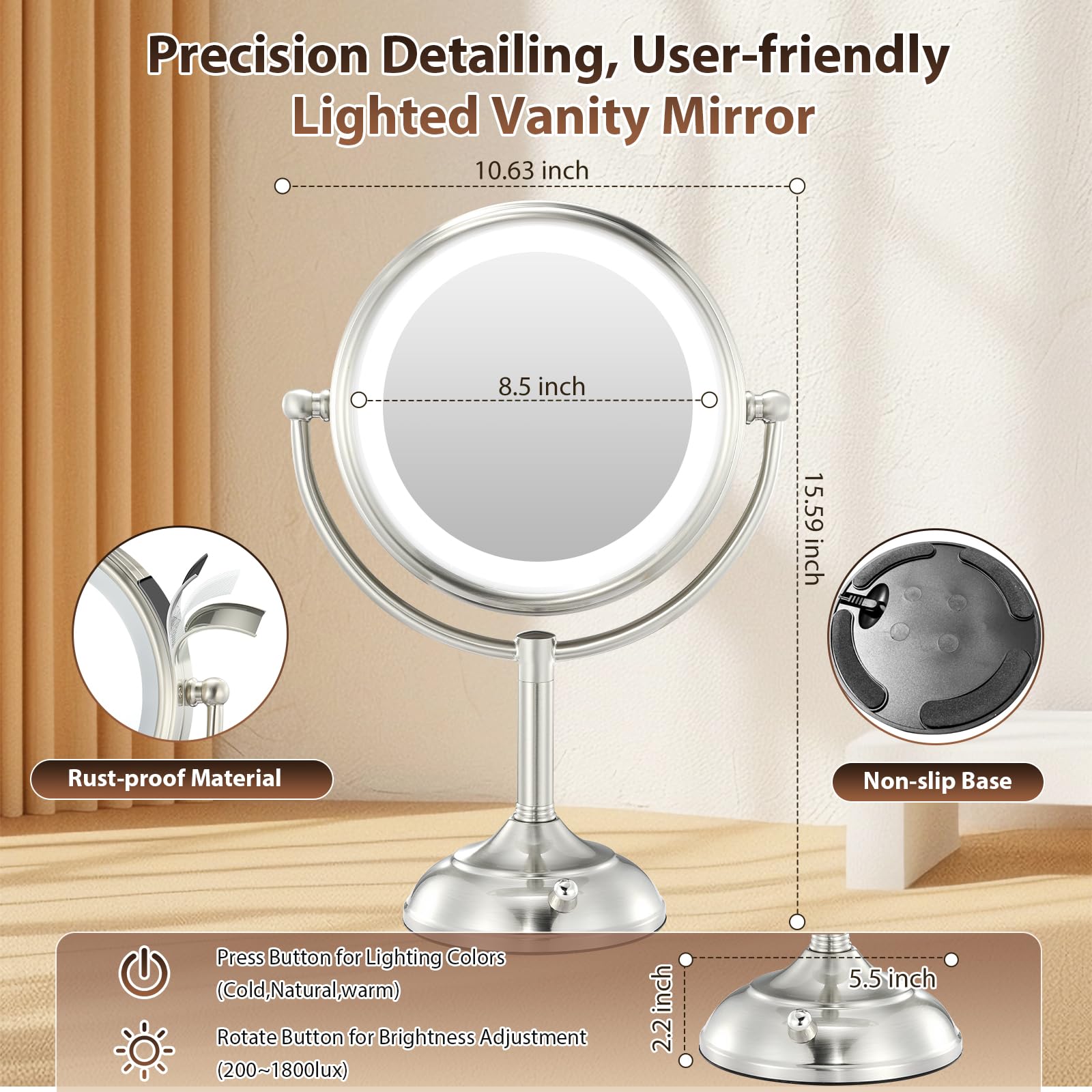 Professional 8.5" Large Lighted Makeup Mirror with Brighter Lights, 1X/10X True HD Magnifying Mirror with 3 Color Dimmable Lights, 80 Shadowless LEDs, 360°Swivel Seamless Vanity Mirror, Pearl Nickel