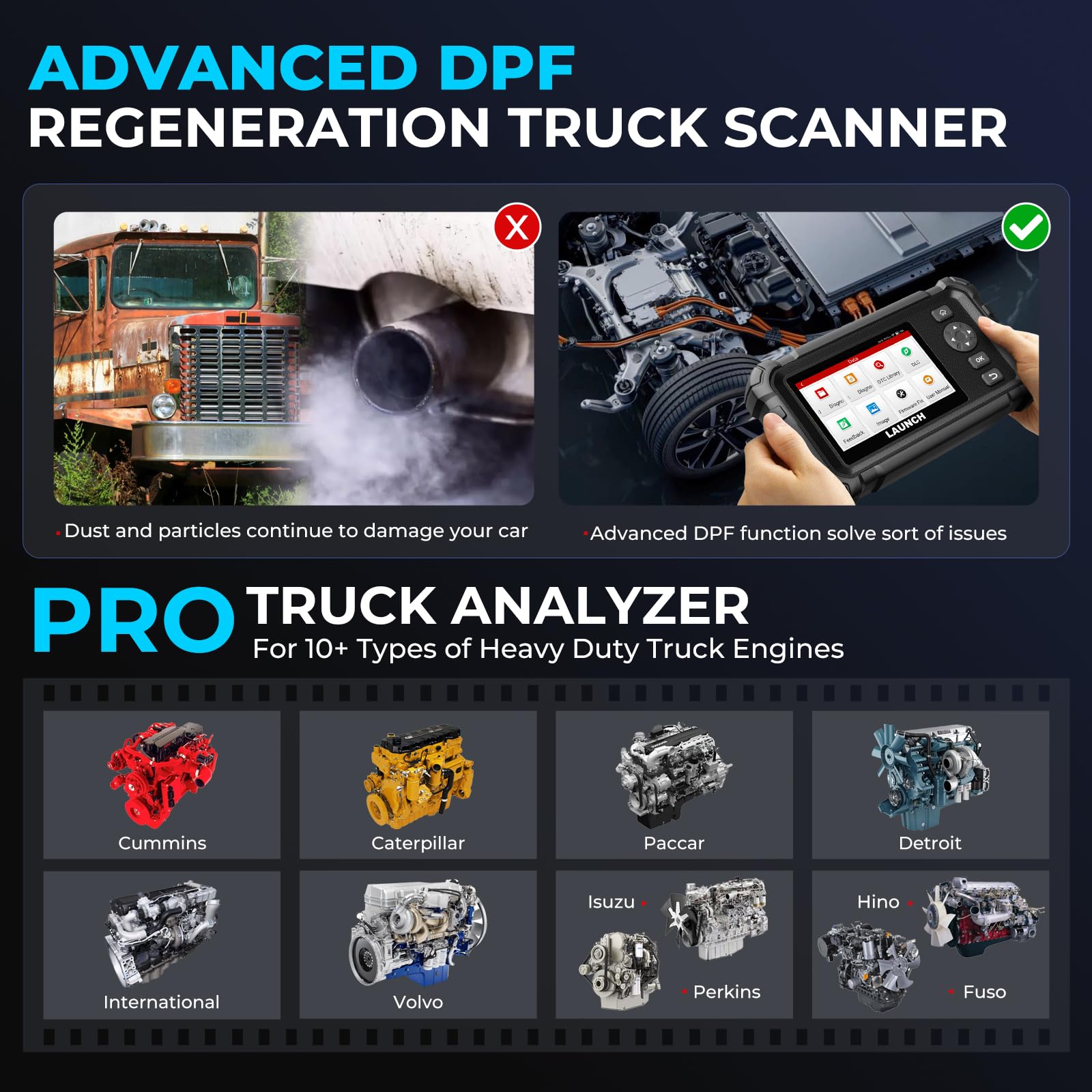 LAUNCH CRP129 HD Heavy Duty Truck Scanner, 2024 Full System Diesel Diagnostic Scan Tool Code Reader, 7 Resets with Oil Reset DPF Regen for Cummins, Detroit, Caterpillar, Paccar & More, 2 Years Update