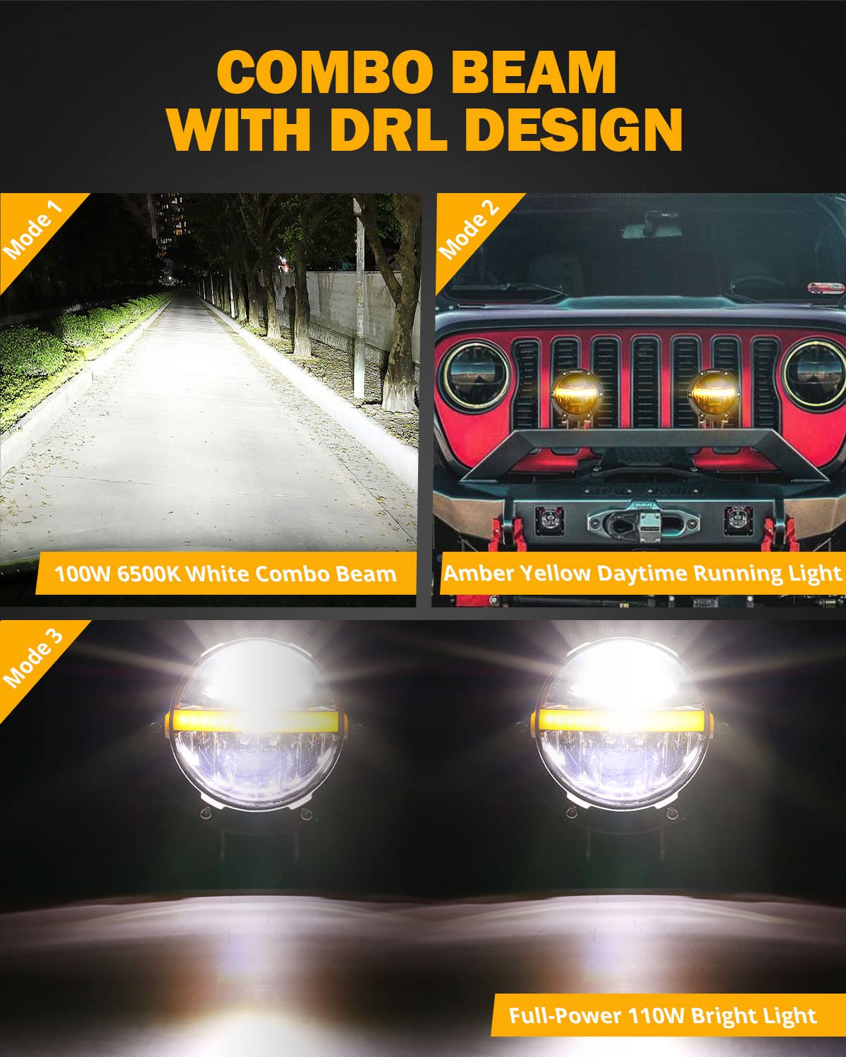 Auxbeam 4 Inch 110W Round Offroad Lights, Amber DRL Design 11000LM LED Light Pods, Super Bright 7035 SMD LED Work Driving Fog Light with DT Wiring Harness Kit for Truck Jeep Pickup SUV ATV UTV, 2 PCS
