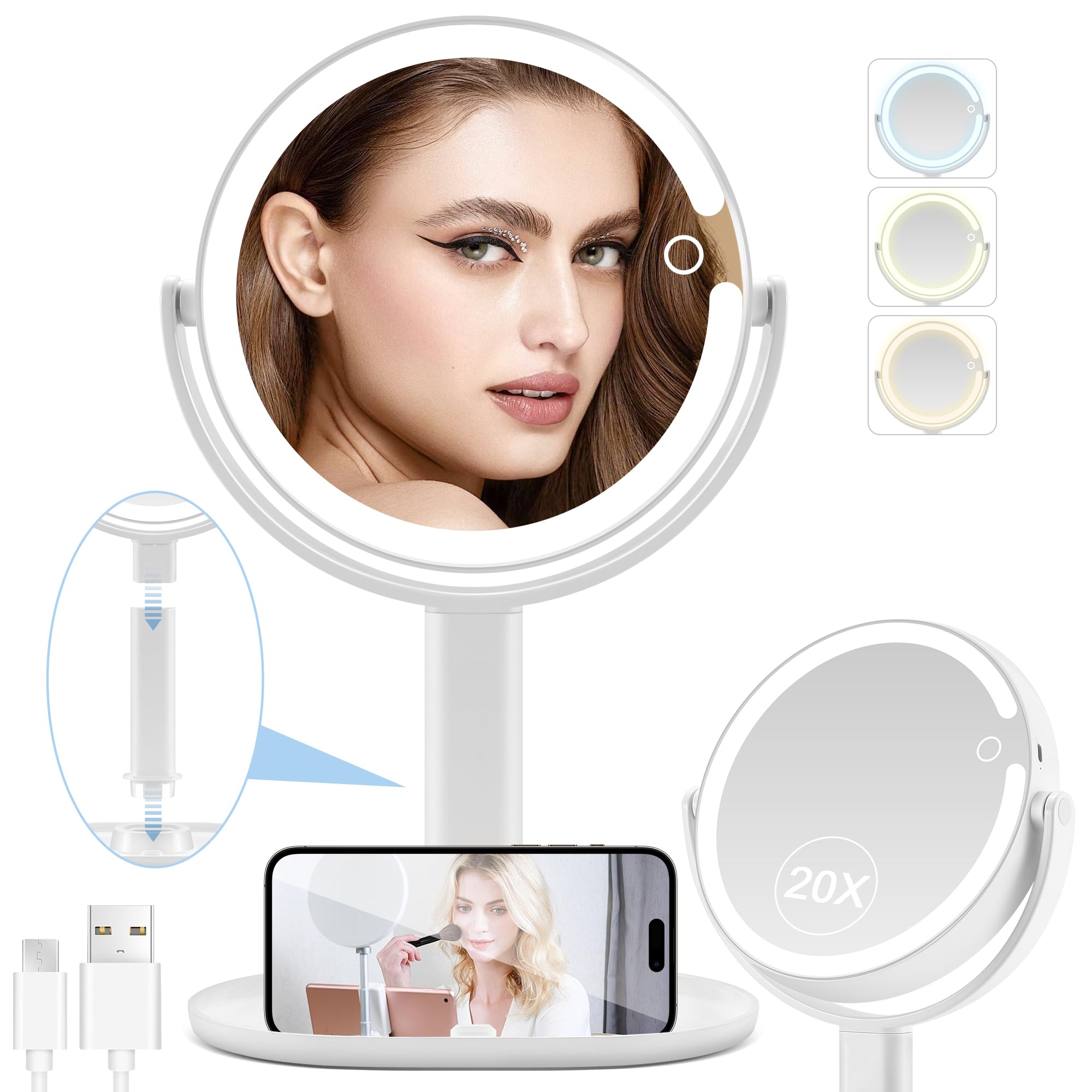 MIYADIVA Lighted Makeup Mirror, 20X Magnifying Mirror with Light and Adjustable Brightness, Vanity Mirror with 3 Color Light, 2-Sided Mirror for Desk, Detachable Travel Makeup Mirror with Light 8.8IN