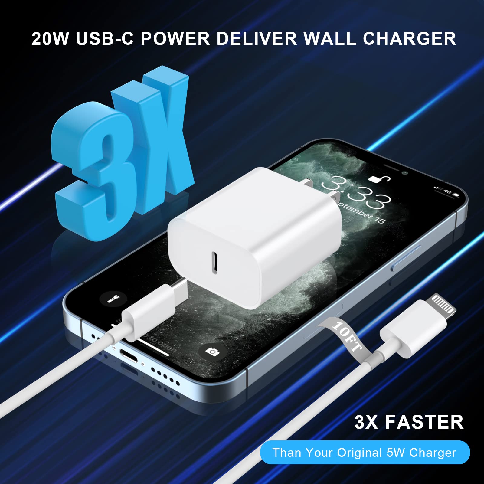 Matsusho iPhone Charger Fast Charging 10 FT, 2 Pack 20W USB C Wall Charger Block with 10FT Long Type C to Lightning Fast Charging Data Sync Cable Compatible for iPhone 14 13 12 11 Pro Max XS XR X iPad