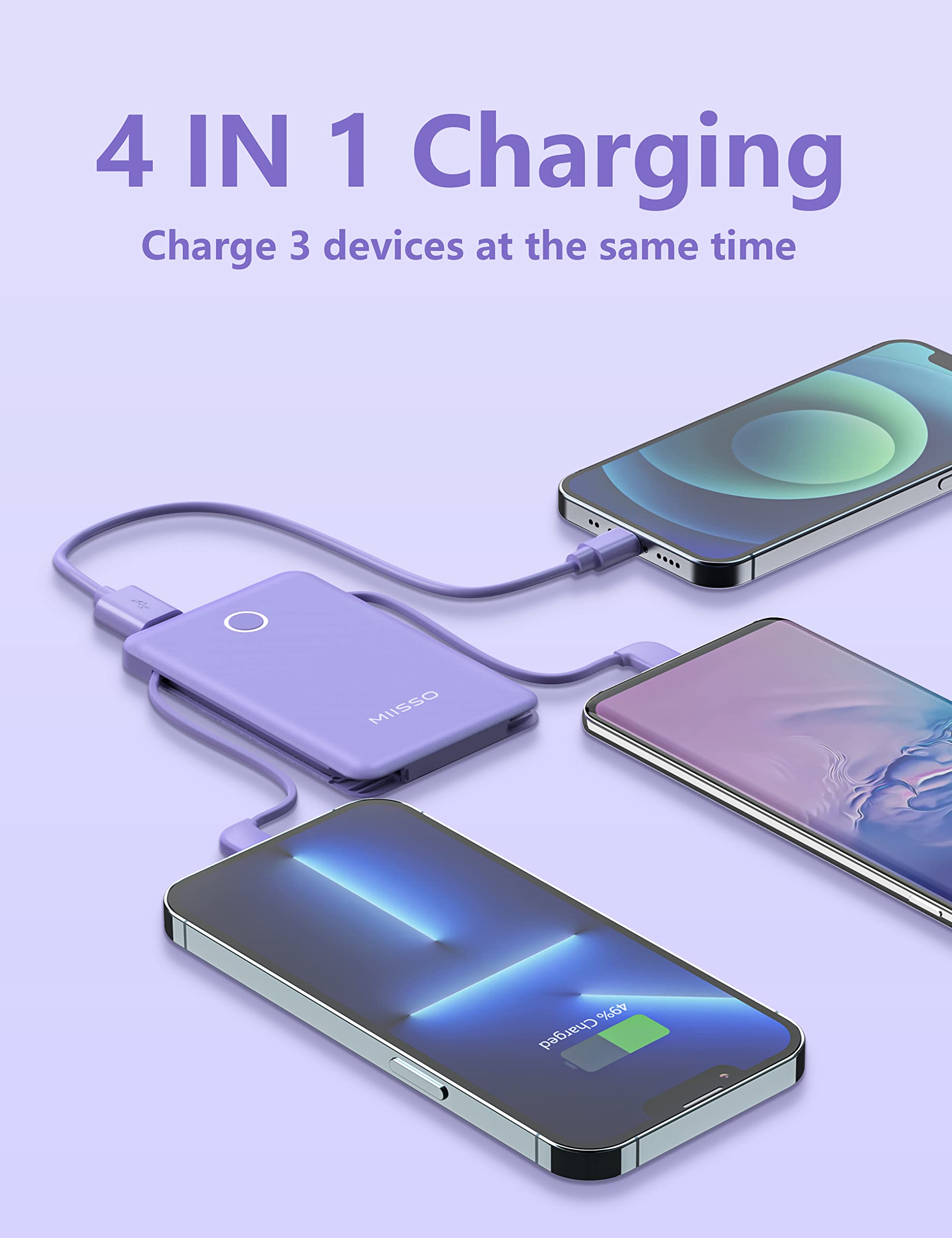 6000mah Ultra Slim Built in Cables Power Bank, Card Size Built in USB C Cords Battery Pack Portable Charger for Phones, 3 Output External Battery Pack Compatible with iPhone, Samsung, Google, Purple