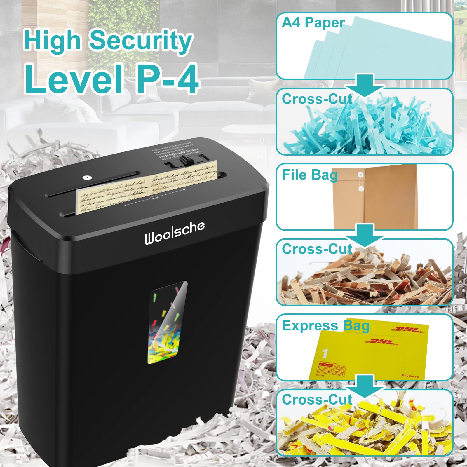 Woolsche Paper Shredder, 10-Sheet Cross Cut with 3.43-Gallon Basket, P-4 Security Level,3-Mode Design Shred CD and Credit Card, Durable&Fast with Jam Proof System for Home Office (ETL)