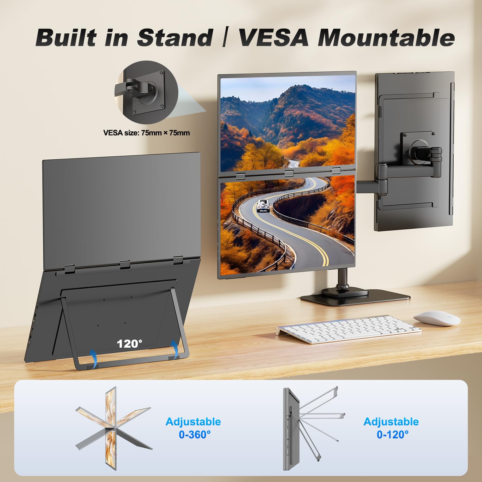 Triple Laptop Screen Extender, 18.5" 1080P FHD IPS Folding Stacked Dual Portable Monitor, USB-C Plug & Play Travel Extended Computer Display for Laptop PC Windows Mac w/Stand & VESA Mountable
