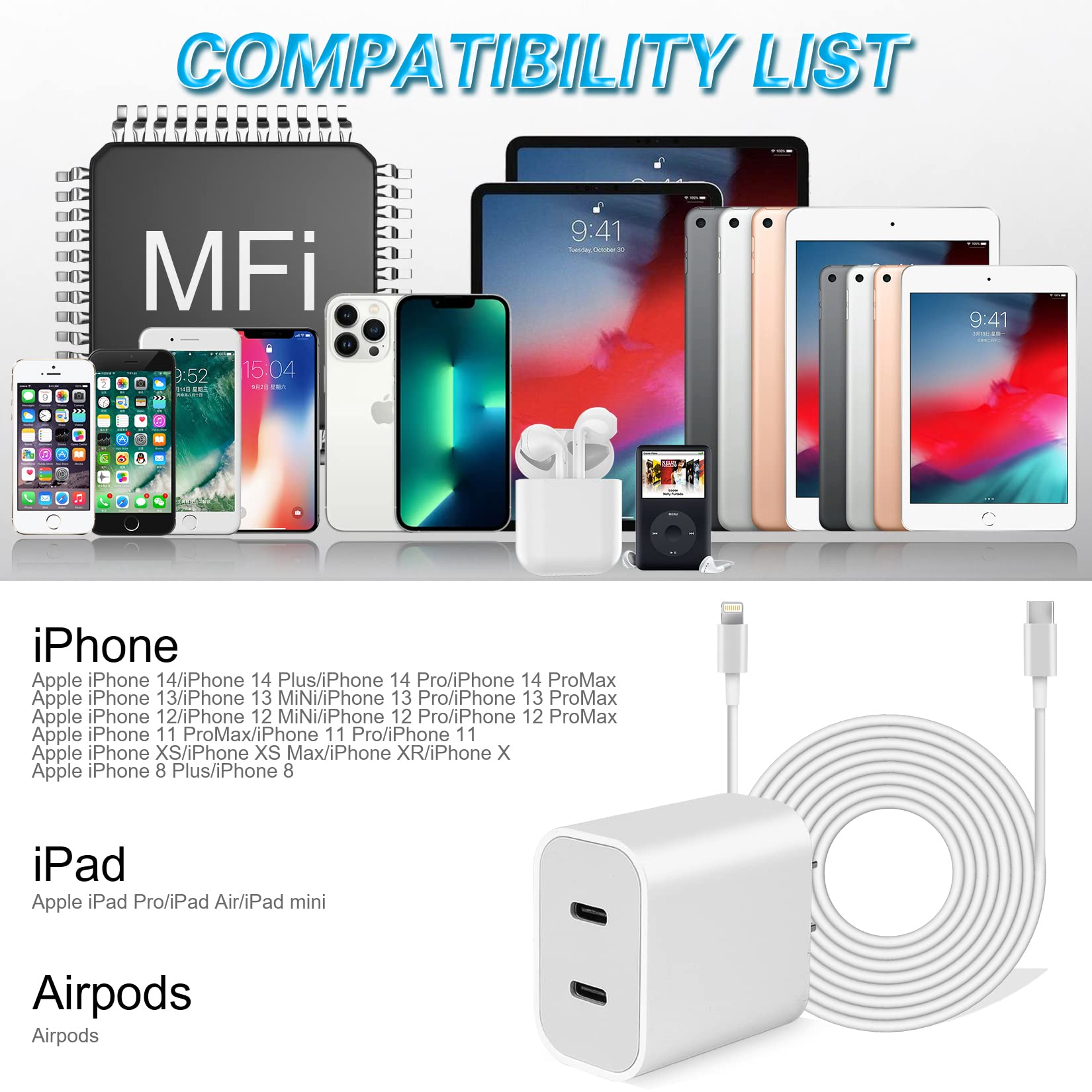 iPhone 14 Super Fast Charger,Dual Port USB C Charger,iPhone Charger Fast Charging Block,Quick Apple USB C Wall Charger Plug,2Pack Type C Lightning Cable For iPhone 14/13/12/11/ProMax/MiNi/XR/SE/8 Plus