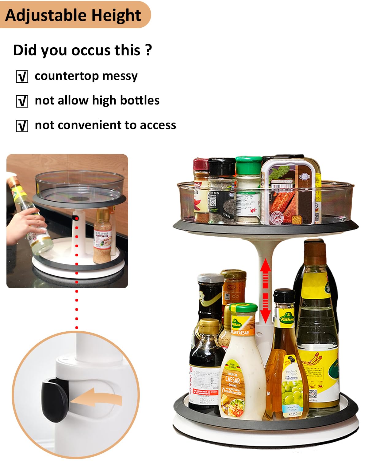 FDWYTY Lazy Susan Organizer, 11 Inch Turntable Spice Rack Organizer with 4 Removal Bins for Kitchen, Pantry, Countertop, Cabinet, Table - Adjustable Height, Non-Skid Base, 2 Tier, 1 Pack