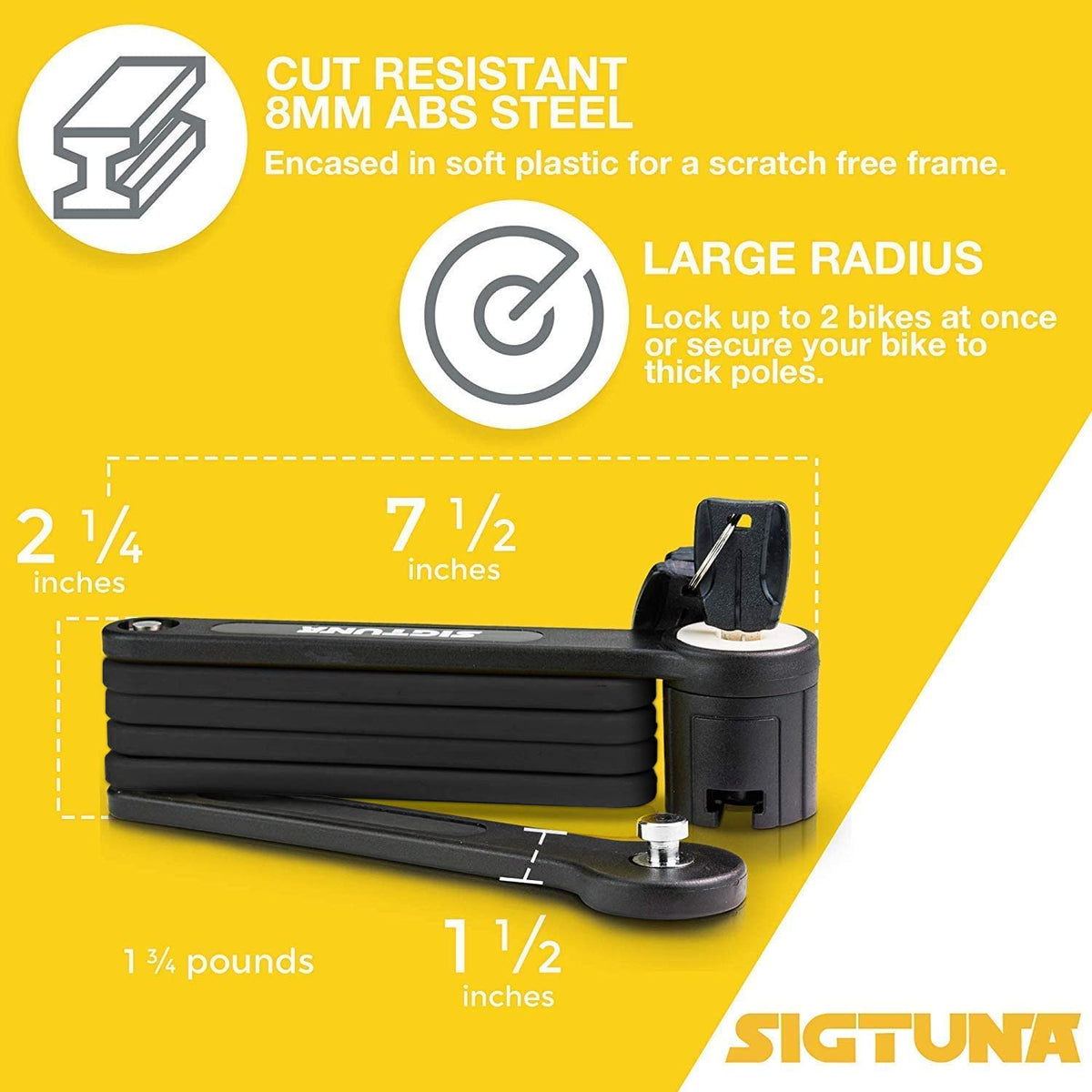 SIGTUNA Anti-Theft Heavy Duty Folding Bike Lock, Black, 8mm Fold-Up, Key Lock, Waterproof