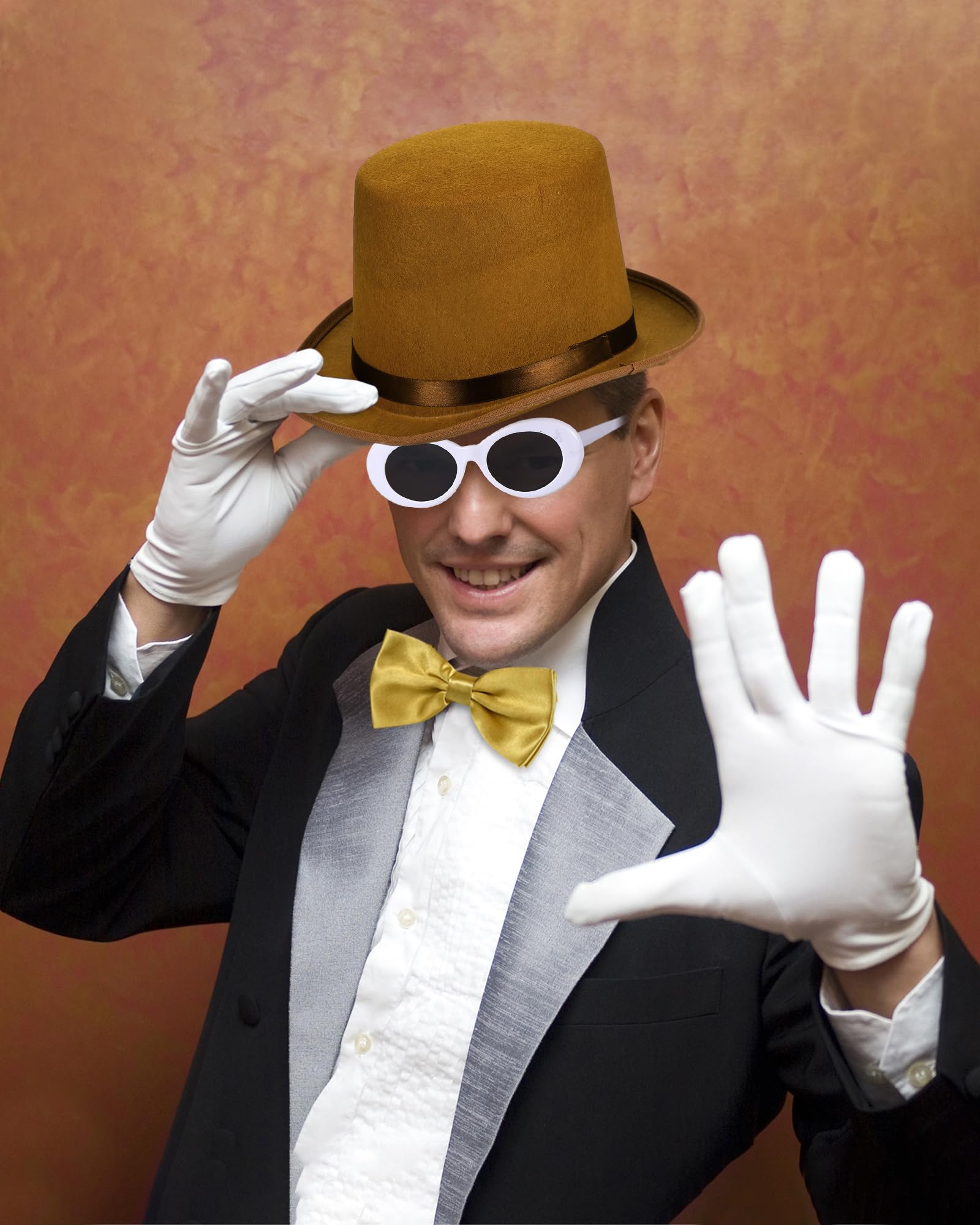 Ramede 5 Pcs Brown Top Hat Costume Set Includes Brown Top Hat Walking Scepter Oval Retro Sunglasses Bow Tie Uniform Gloves Costume Halloween Costumes Accessories for Parade Cosplay Dance Recitals