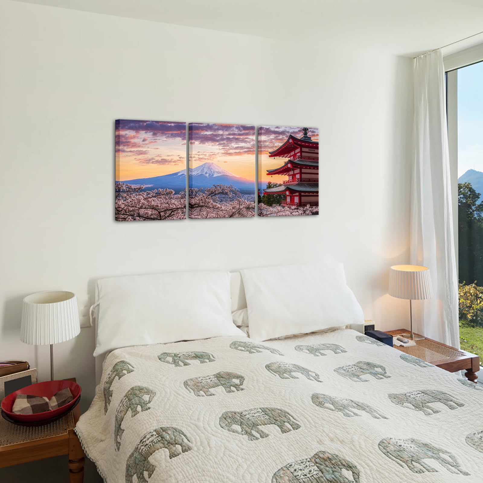 OuElegent Mount Fuji Canvas Wall Art Kyoto Cherry Blossom Japanese Landscape Pictures Print Artwork for Home Office Living Room Decor Framed 12"x16"x3 Pcs (small)