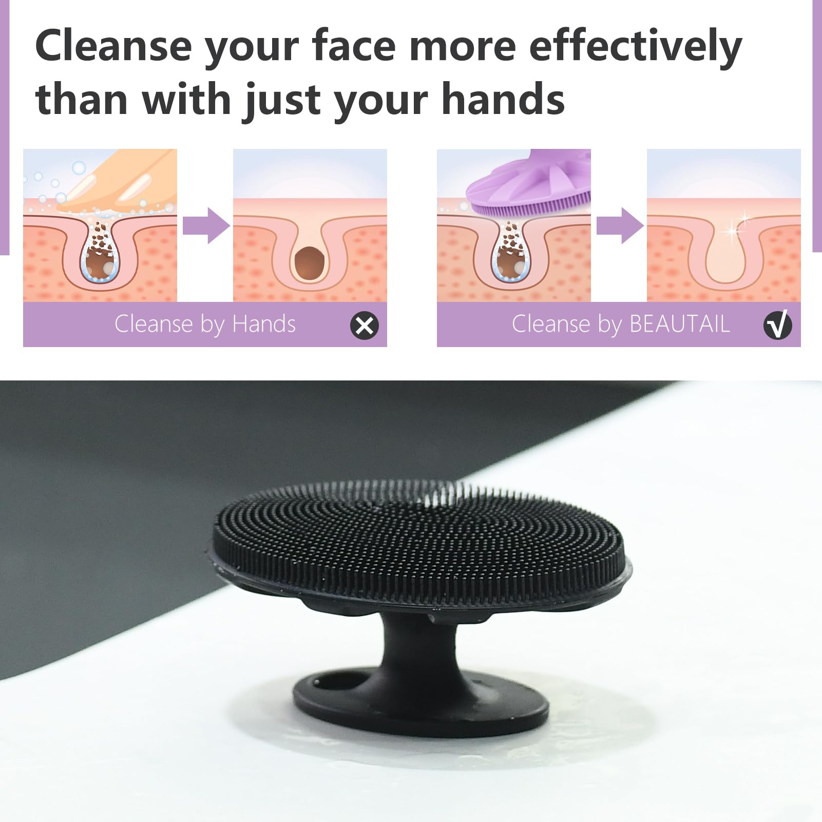 BEAUTAIL Silicone Face Scrubber 2 Pack, Manual Facial Cleansing Brush, Gentle Face Exfoliator for Sensitive Skin, Skin Care Exfoliating Face Brush for Men and Women, Black+Purple