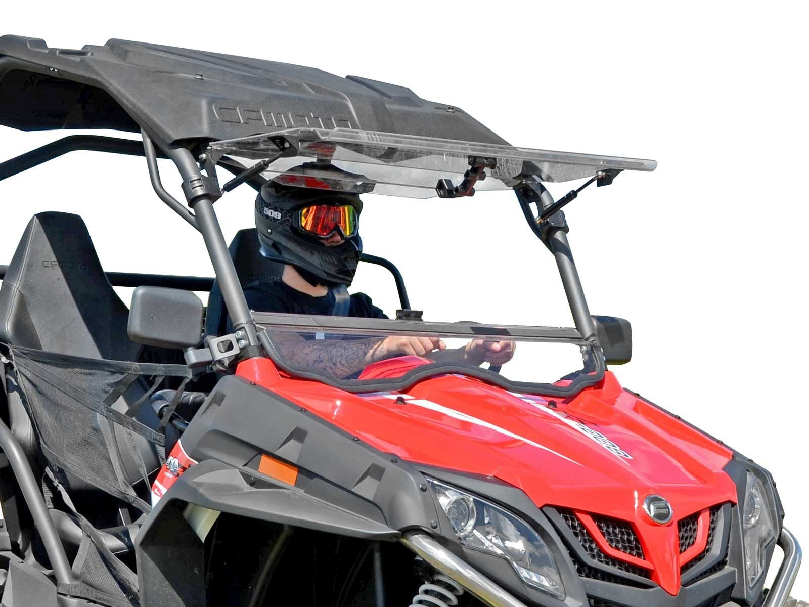 SuperATV Scratch Resistant Flip Windshield for CFMOTO ZForce 500, 800 Trail & EX, 1000 2014-2022, 1/4" Hard Coated Polycarbonate, Comes Preassembled, Can be Closed, Vented, or Fully Open, USA Made