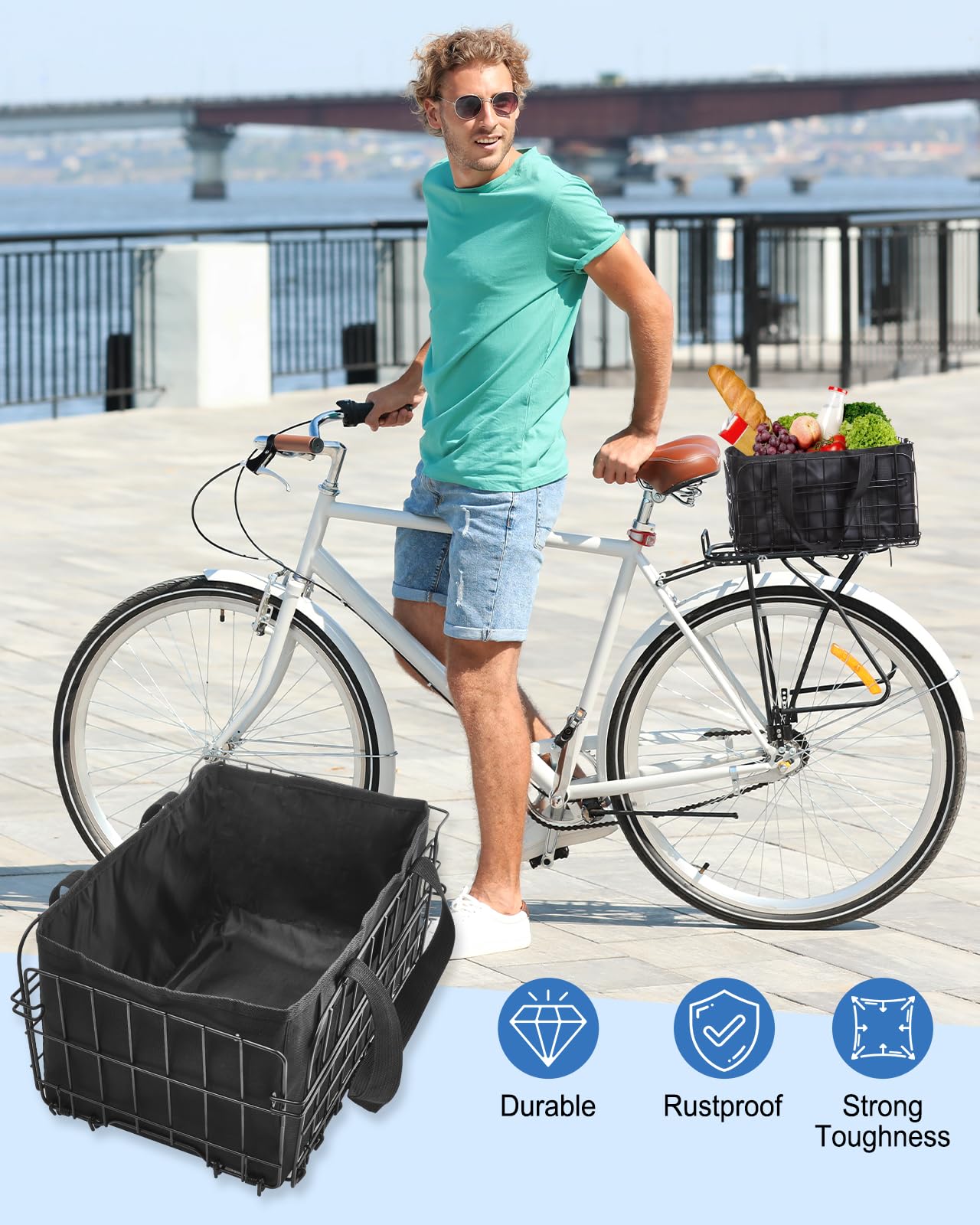 Zacro Bike Basket Front/Rear, Folding Bicycle Basket with Removable Liner Bag, Large Quick Release Design Metal Ebike Basket for Adult Women/Men Carrying Dogs, Pets, Fruit & Grocery