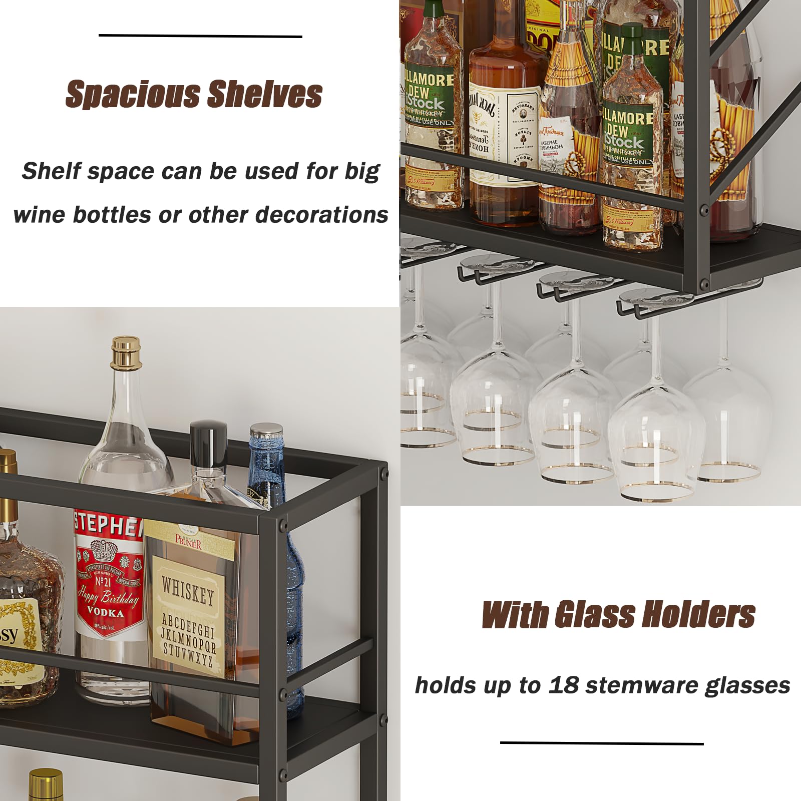 Woskar Wall Mounted Wine Rack 2 Tier, Metal Bar Liquor Shelves and Glass Holder,Wall Bar Shelf Wine Display Storage Holder for Home Bar, Dining Room, Kitchen (47.2×7.8×26in)