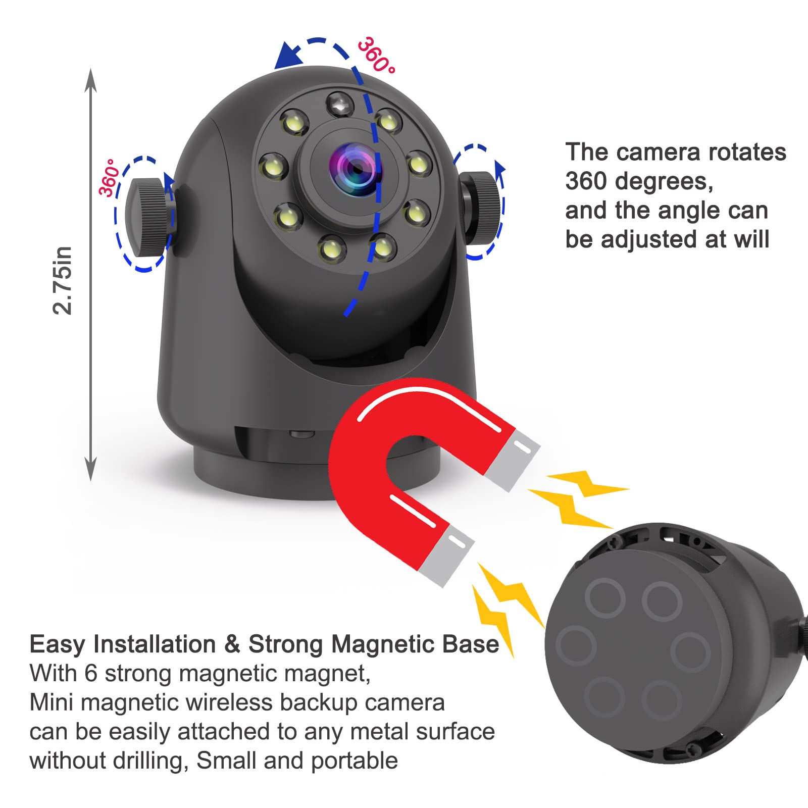 YEOIZO WiFi Magnetic Hitch Wireless Backup Camera, Back Up Front/Rear View Reverse Camera Night Vision Rechargeable Battery, Easy for Hitching Horse Gooseneck Boat Travel Trailer RV for iPhone Android