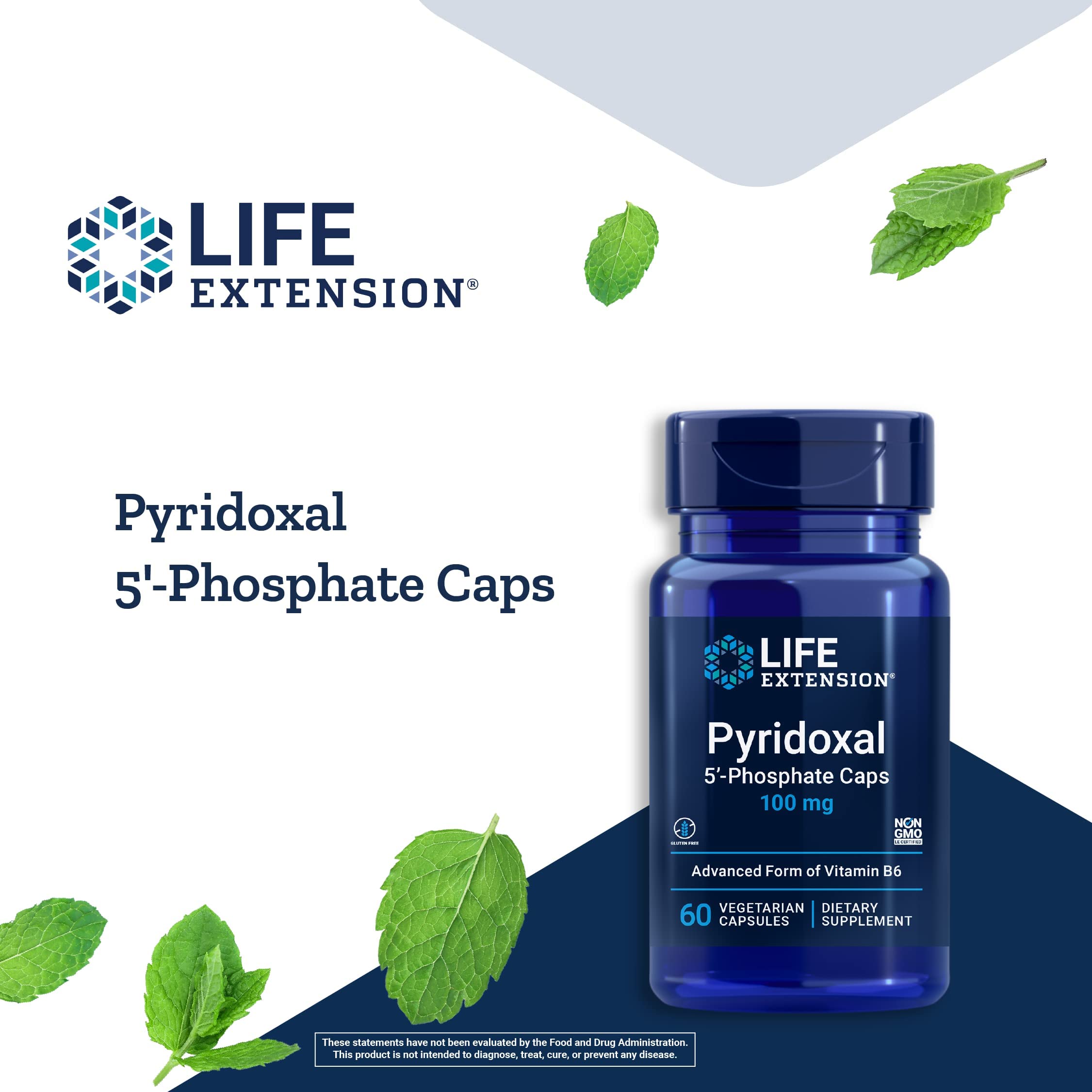 Life Extension Pyridoxal 5'-Phosphate Caps—Vitamin B6, 100 mg, Bioactive B6 for cardiovascular, kidney & nerve health—Gluten-Free, Non-GMO, Vegetarian—60 Vegetarian Capsules