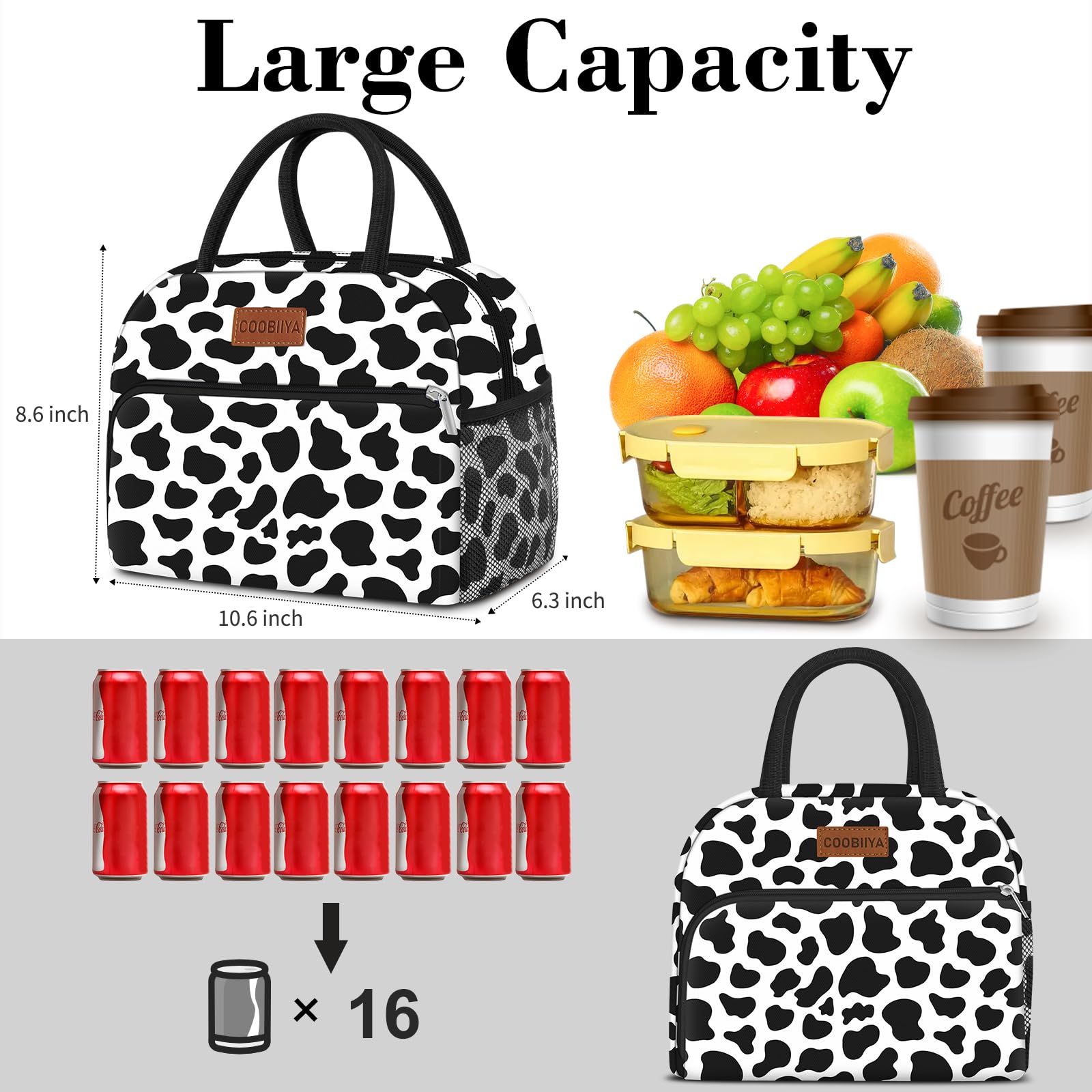 Coobiiya Lunch Bag Women, Lunch Box Lunch Bag for Women Adult Men, Small Leakproof Cute Lunch Tote Large Capacity Reusable Insulated Cooler Lunch Container for Work/Office/Picnic/Travel-Cow