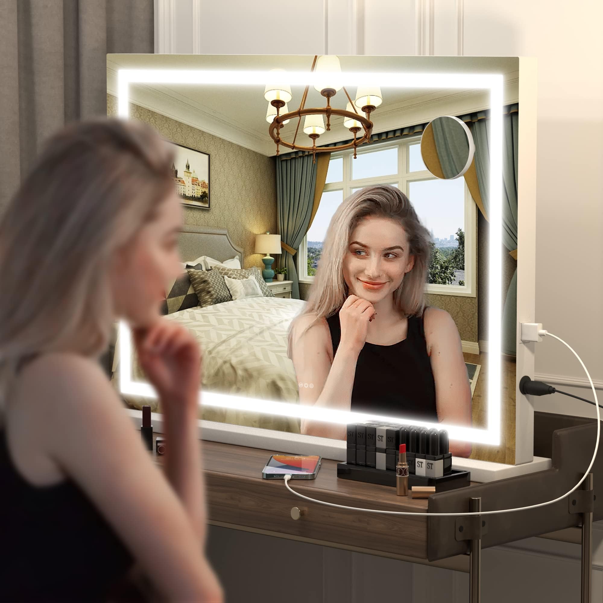 Hasipu Vanity Mirror with Lights, 28" x 20" LED Makeup Mirror, Lighted Makeup Mirror with Dimmable 3 Modes, Touch Screen Control Vanity Mirror Square White