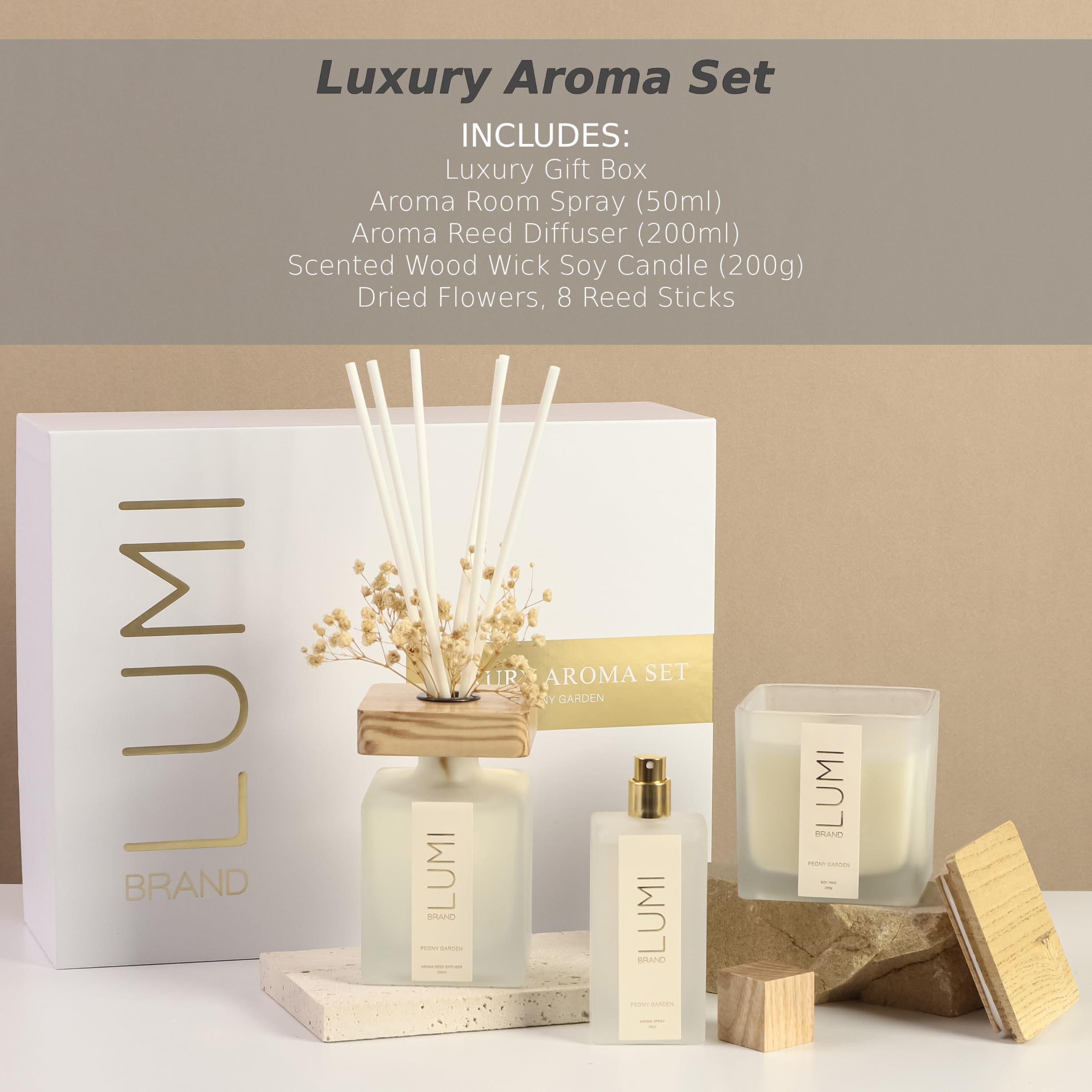 Luxury Aroma Gift Set - Scented Oil Reed Diffuser (200ml), Scented Wood Wick Soy Candle (200g), Aroma Room Spray (50ml) - Includes Dried Flowers, 8 Reed Sticks - Home Fragrance (Peony Garden)