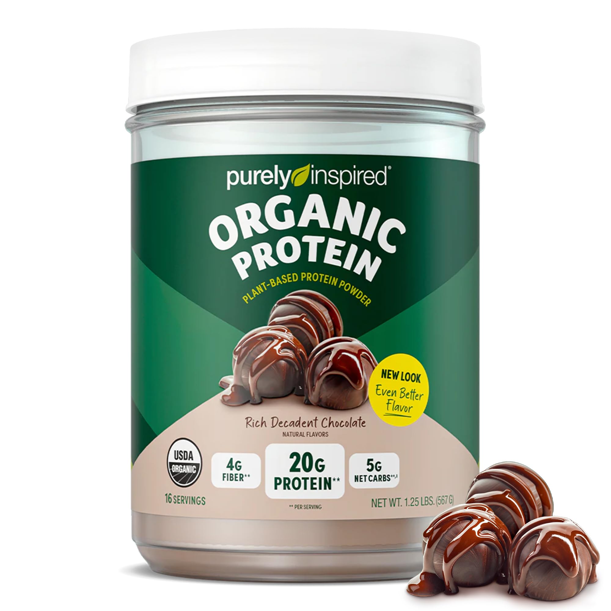 Purely Inspired Plant-Based Protein Powder for Men & Women, Rich Decadent Chocolate (16 Servings) - Vegan & Organic - 20g of Pea Protein Powder for Smoothies & Shakes - Dairy-Free, & Gluten-Free