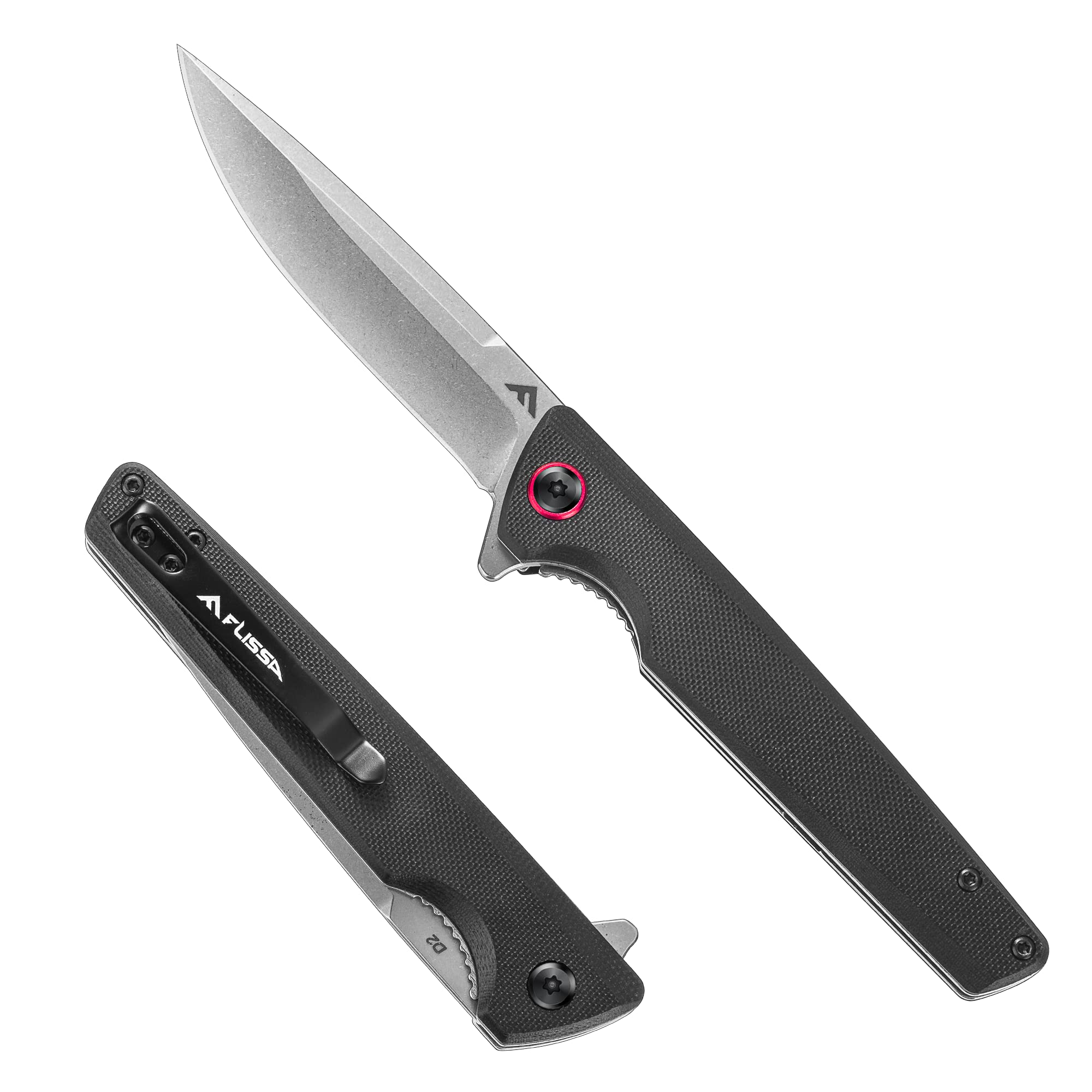 FLISSA Pocket Knife, Folding EDC Knife, 4 inch D2 Blade, G10 Handle, for Outdoors, Hiking, Camping, Black